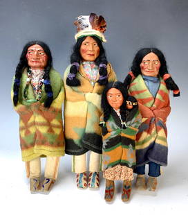 Group of 4 American Indian Skookum Dolls: Group of 4 American Indian Skookum Dolls. Female has papoose baby and is marked under foot as is the chief who is the tallest at 15". Very good condition. Lifetime Collection of Sharon McDowell,