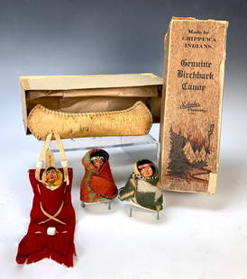 Group of 3 American Indian Skookum Dolls & Canoe: Group of 3 American Indian Skookum Dolls & Canoe. Skookum papoose baby and a vintage birchbark canoe from Winona MN in the original marked box. Canoe is 9 3/4" long. Babies are about 3" long, Very