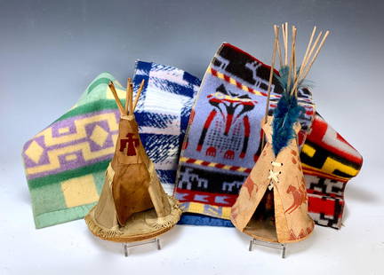 Grouping of 2 Vintage Suede-like Teepees & Blanket: Grouping of 2 Vintage Suede-like Teepees w/ wood bases and 4 vintage wool blankets w/ American Indian motifs. Very good condition. Tallest Teepee 11 1/2". Blankets are 14 1/2" x 8 1/2. Lifetime