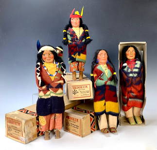 Group of 4 American Indian SKookum Dolls: Group of 4 American Indian SKookum Dolls in their original boxes, tallest is 15" female w/ papoose baby. Doll w/ blue earrings marked under foot. Very good condition. Lifetime Collection of Sharon