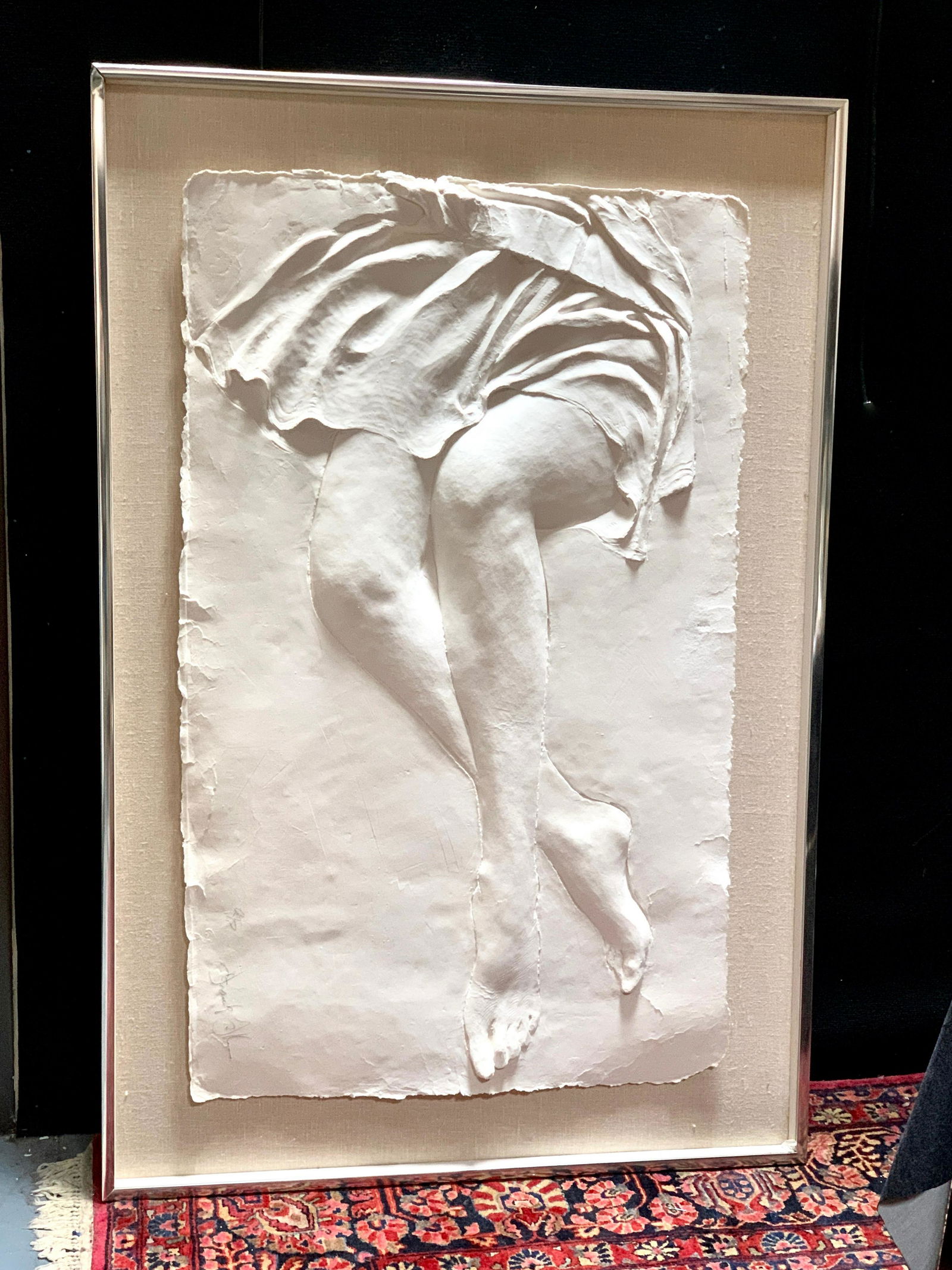 Frank Gallo Cast Paper Sculpture: American, B.1933. Signed L.R. A/P Frank Gallo. Hand made cotton paper. 50" tall x 30" wide w/ frame 61" x 40". Condition: Very Good, No Glass.