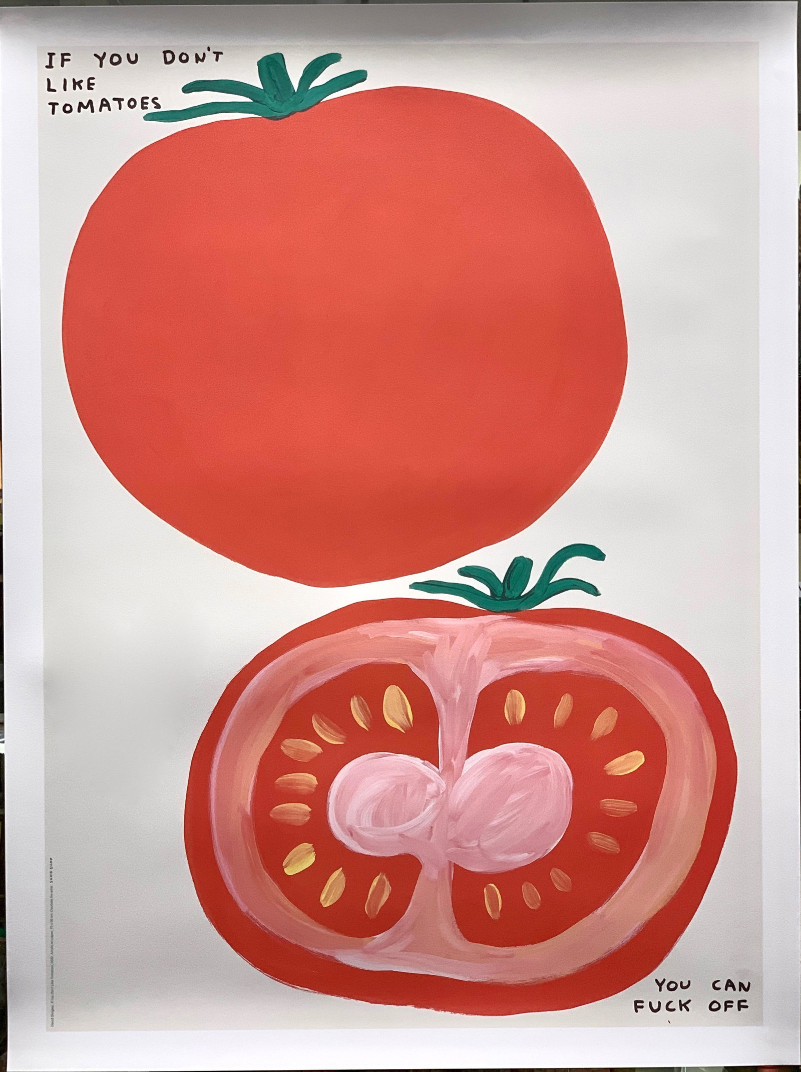David Shrigley "If You Don't Like Tomatoes": David Shrigley "If You Don't Like Tomatoes", dated 2020 acrylic on paper, courtesy of the artis Shrigshop. Condition: Unused. 29.5" x 22" wide.