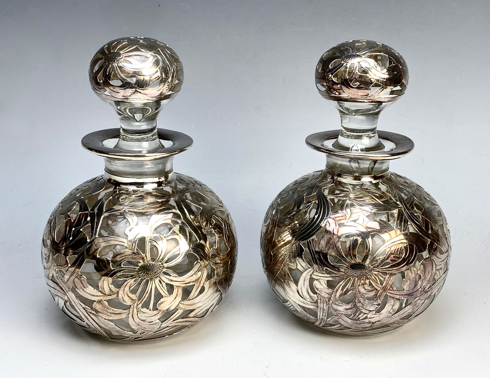 Large Pair Silver Overlay Cologne Bottles (1 of 3)