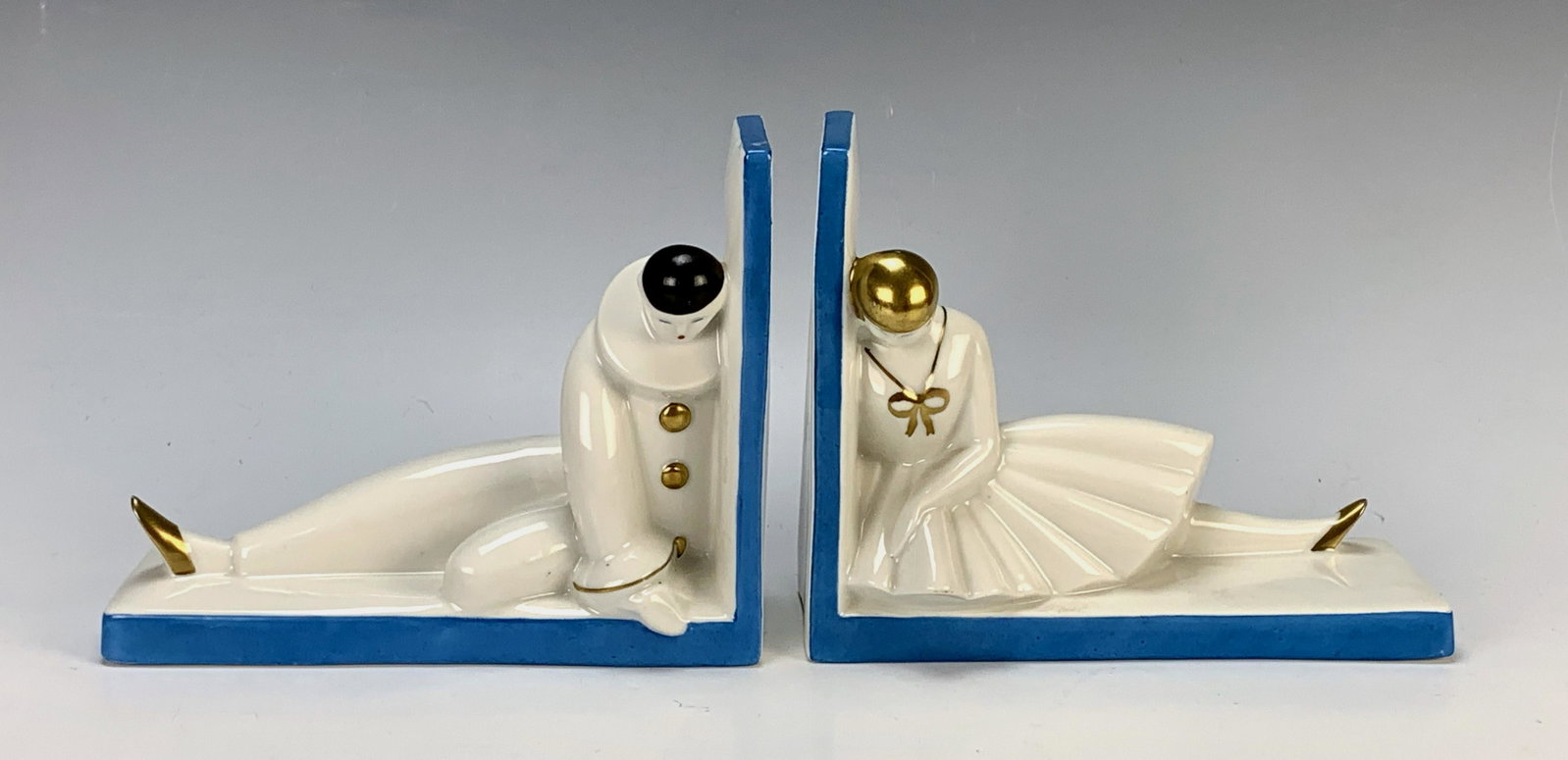 Pair Robj Figural Art Deco Bookends: Circa 1930, depicting male and female Pierot's, marked "Robj Paris", very good condition, 6" x 7.25"