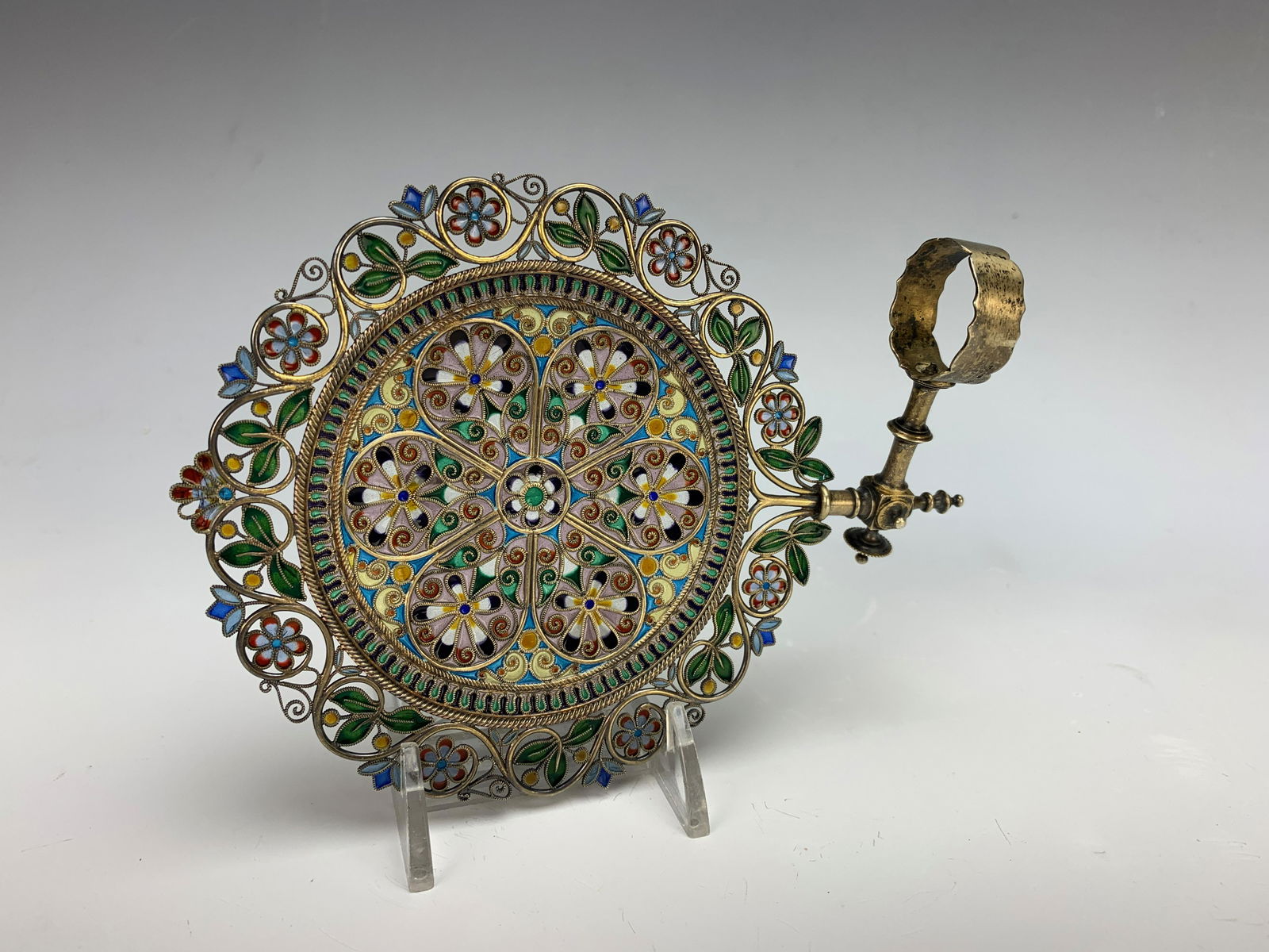 Plique a Jour Enamel Candle Shade sgd Hammer: A circular plique a jour enamel candle shade with blue, red, white, green and yellow colors over sterling, has attachment for using with a candle, marked 925 and the M. Hammer mark, 4" diameter, good