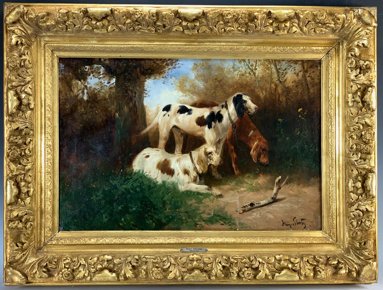 Henry Schouten Painting "Three Dogs" Sgd: Circa 1900, Henry Schouten (Belgium 1857-1927) well listed European artist known for his animal paintings, wonderful oil on canvas of three dogs resting from the hunt, mounted in ornate gilt wood fram
