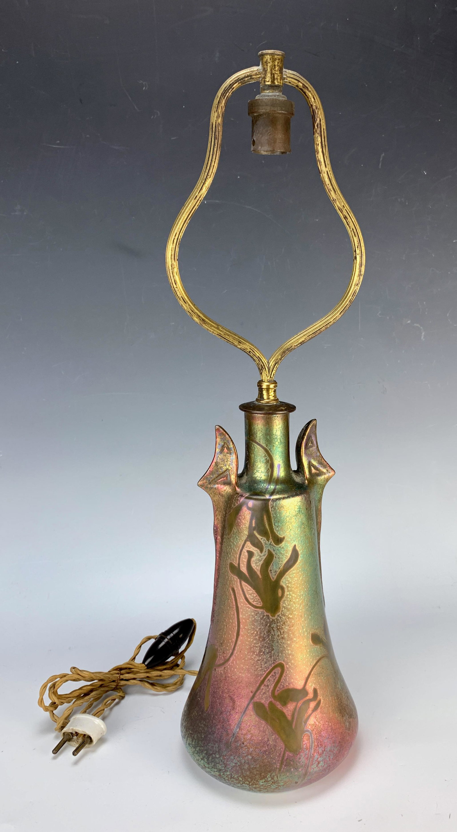 Frederic Danton Art Nouveau Lamp: Circa 1900, Frederic Danton ( France 1874-1932) founded a ceramics business in Got-Barbat where he used moulds and glaze formulae obtained from Massier, handled vase was later electrified and made int