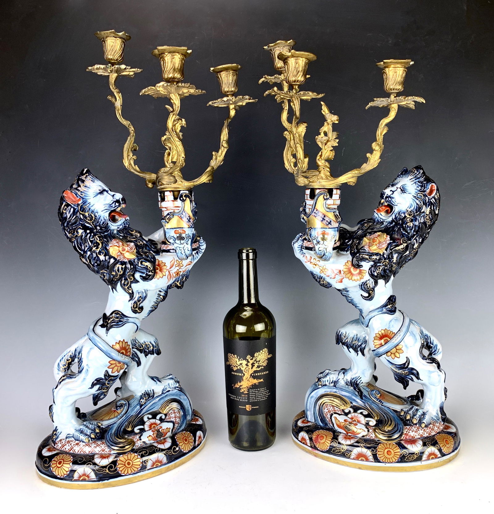 Pair Emile Galle Faience Lion Candelabra (1 of 5)