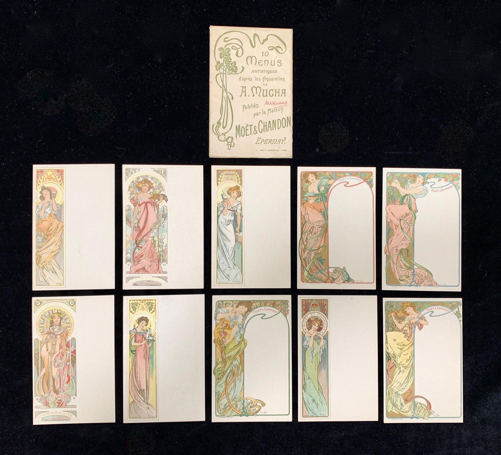 Rare Set of 10 Mucha Moet & Chandon Menu Cards: Alphonse Mucha (1860-1939) Circa 1900, rare original set of 10 Moet & Chandon menu cards plus cover including miniature designs of Mucha's famed Moet diptych, with metallic gold ink embellishment, pub