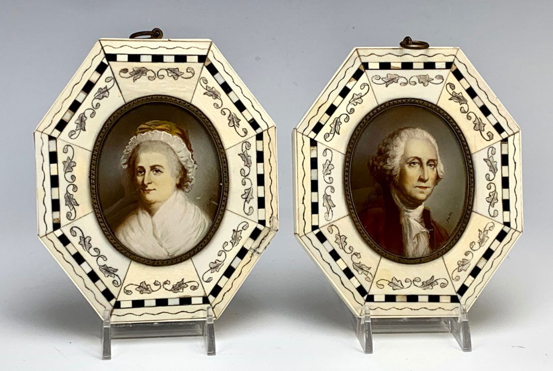 Pair Miniature Portraits of George and Martha: Late 19th century, pair of miniature portraits of George and Martha Washington, hand colored photos signed "Smith", mounted in octagon shaped bone frames, 3" x 2.25", 5" x 4.25" with frame