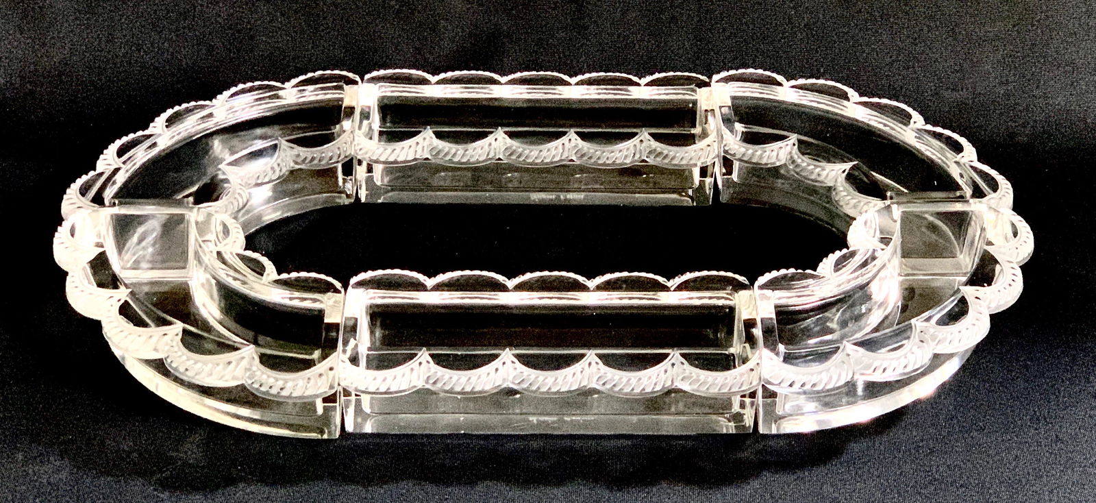 Lalique Glass Centerpiece: Molded pressed crystal, poly lobed in shape, decorated with a frieze of gadroons on a matte background, six pieces make up the complete centerpiece, all pieces signed "Lalique France", very good condi