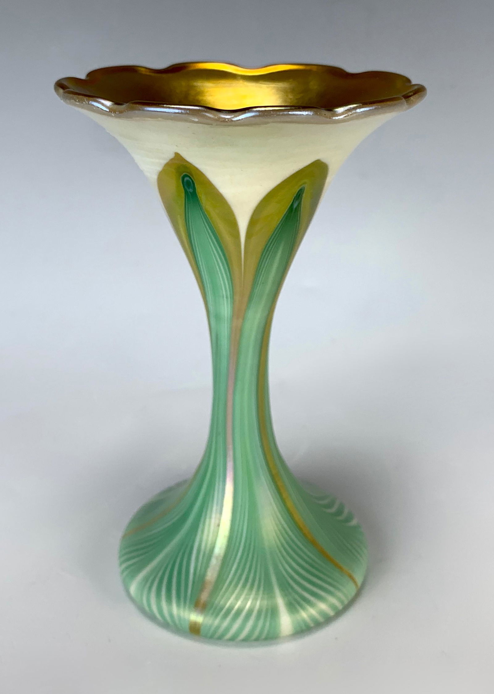 Signed Quezal Feathered Scallop Rim Vase (1 of 3)