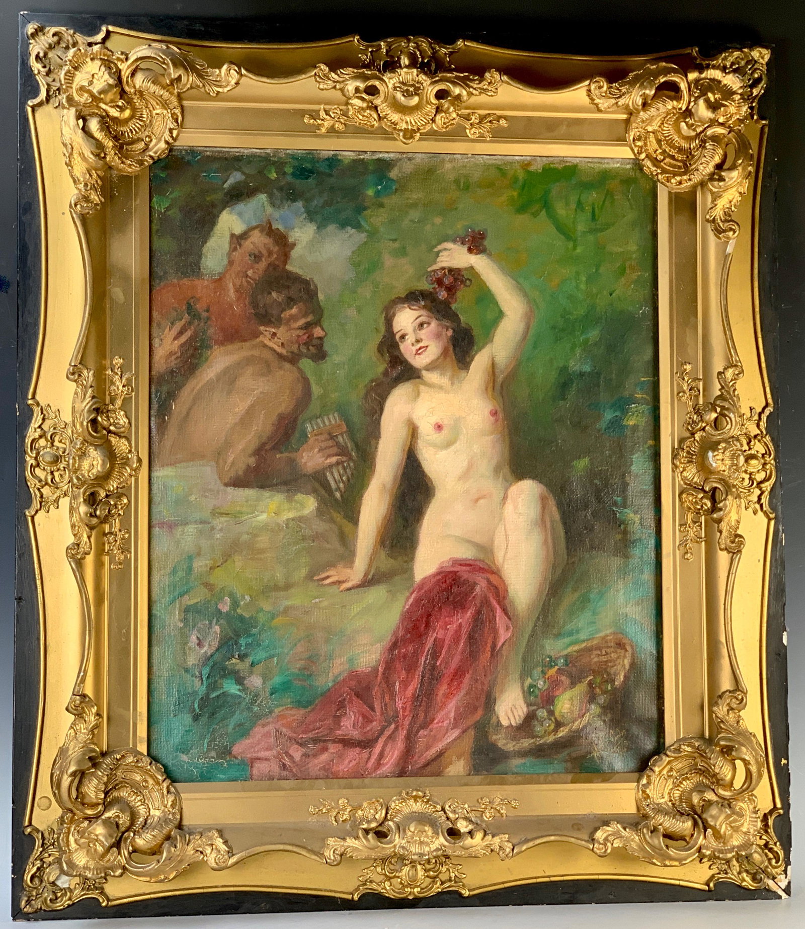 Andor Heller Pair of Fauns & Nude: Born in 1904, Hungarian. Oil on canvas mounted in a gilt frame. 24" t x 20" w. With frame 33" t x 29" w. Condition: patch repair U.L.