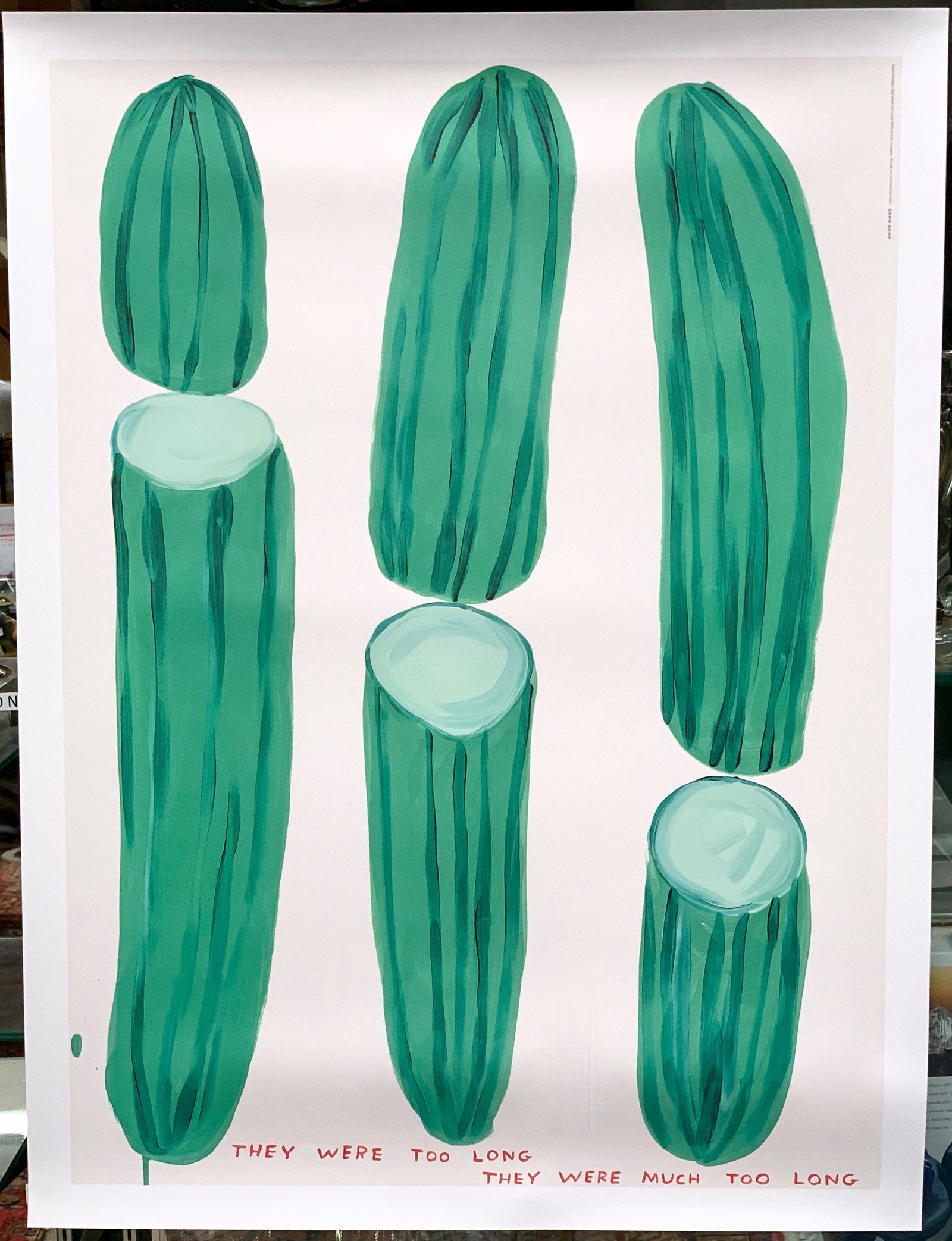 David Shrigley "They were too long": Marked 2020. David Shrigley "They were much too long" acrylic on paper, marked "2020 courtesy of the artist Shrigshop" In unused condition. 29.5" x 22".