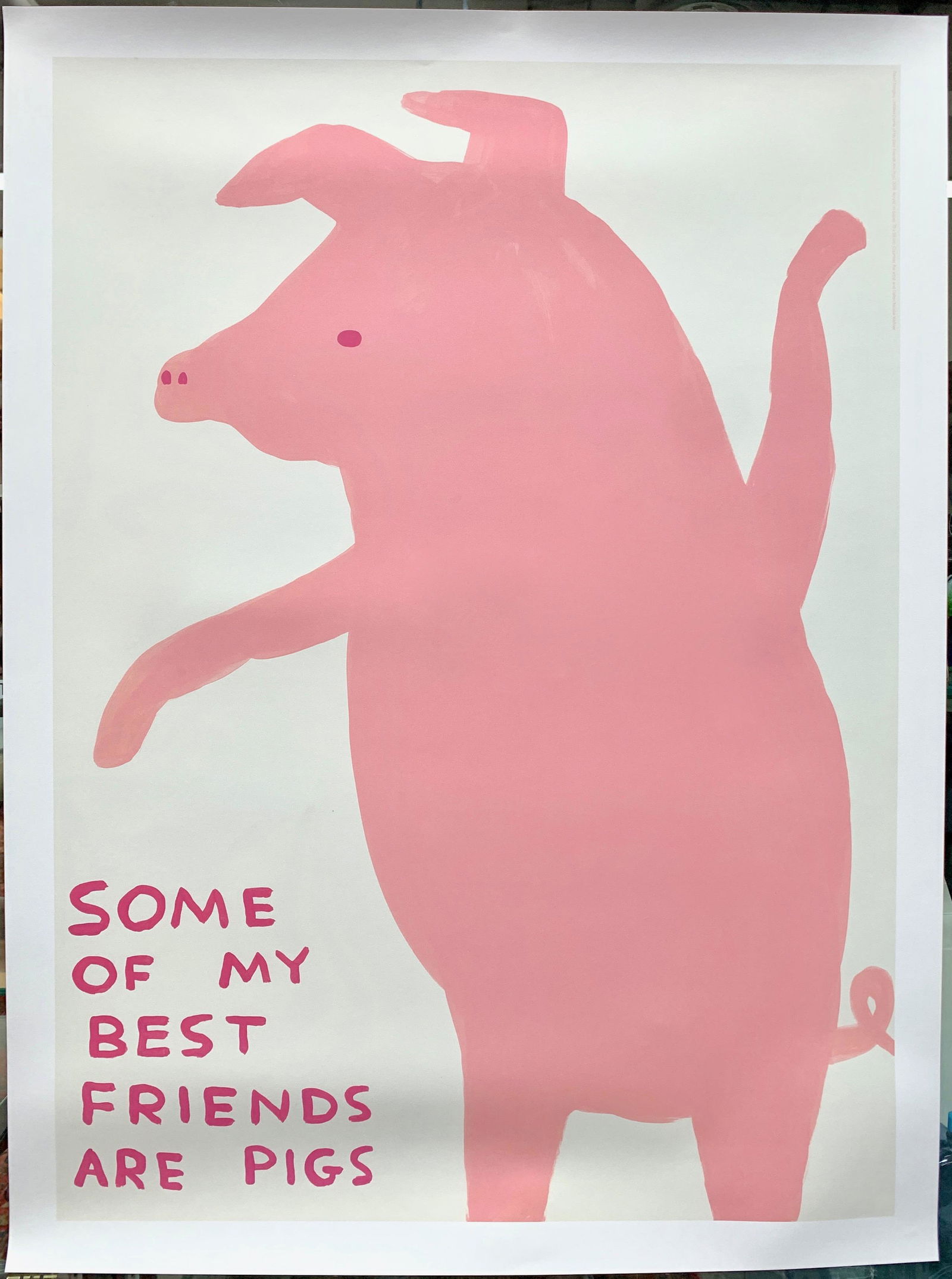 David Shrigley "Some of my best friends are pigs": Dated 2019. David Shrigley "Some of my best friends are pigs" acrylic on paper, marked "2020 courtesy of the artist Shrigshop" In unused condition. 29.5" x 22".