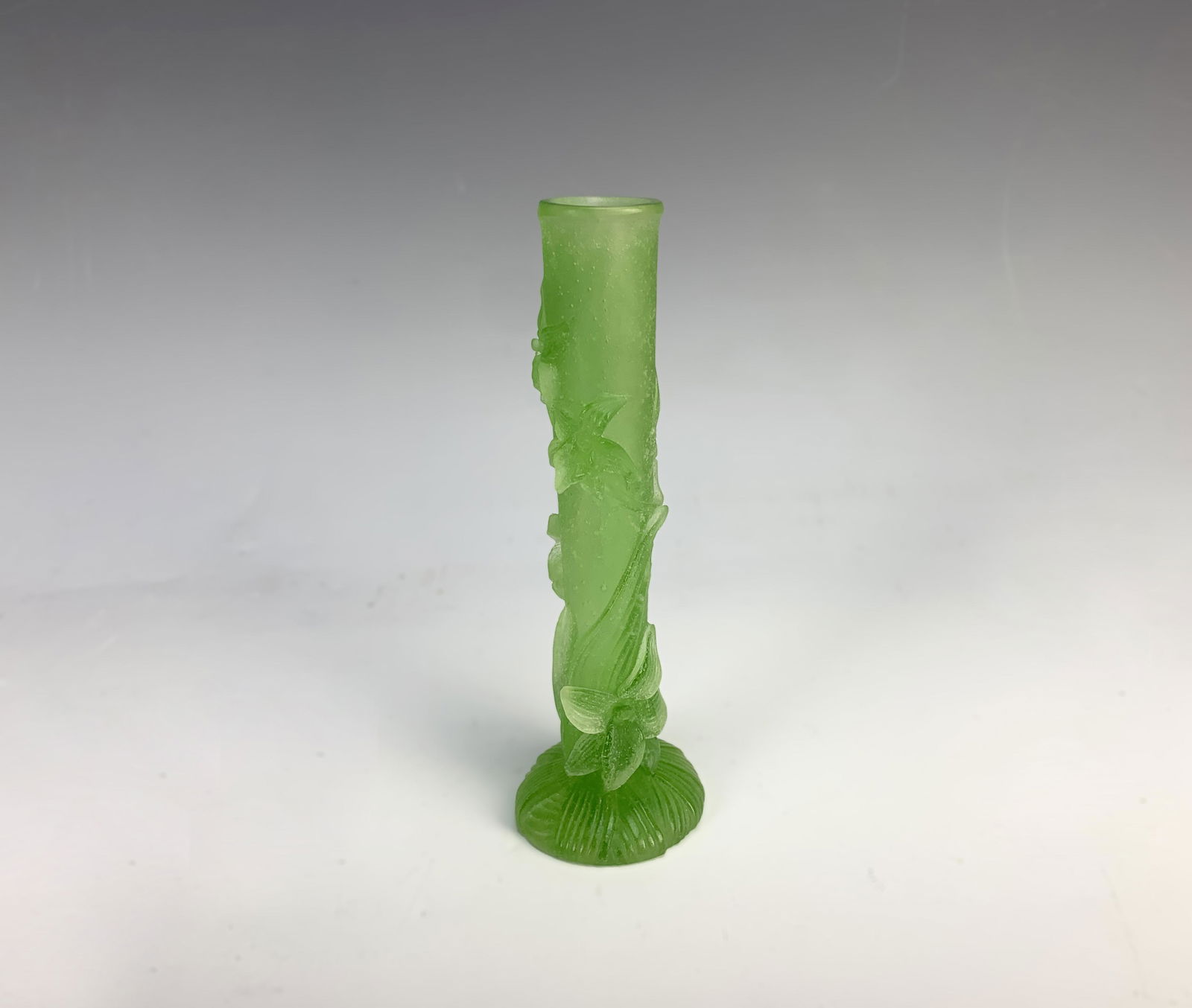 Daum France Pate de Verre "Orchid Bud" Vase: Etched Daum Nancy, in color of green. 6" tall, very good condition. In-house shipping available.
