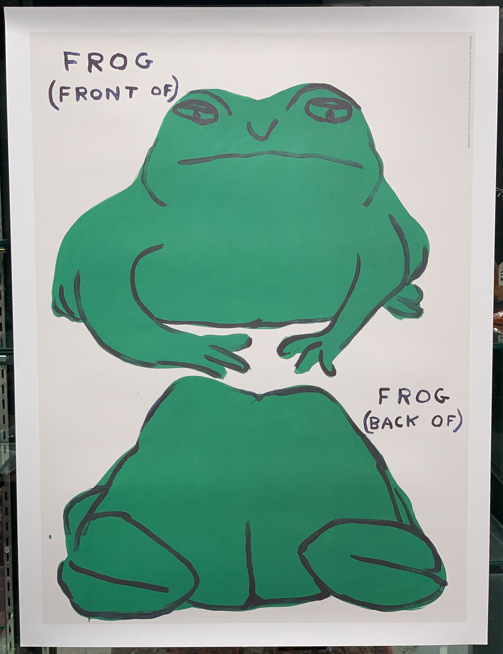 David Shrigley "Frog (Front of) Frog (Back of): Dated 2021, offset lithograph, courtesy of the artist's Shrigshop. Unused condition. 29.5" x 22".