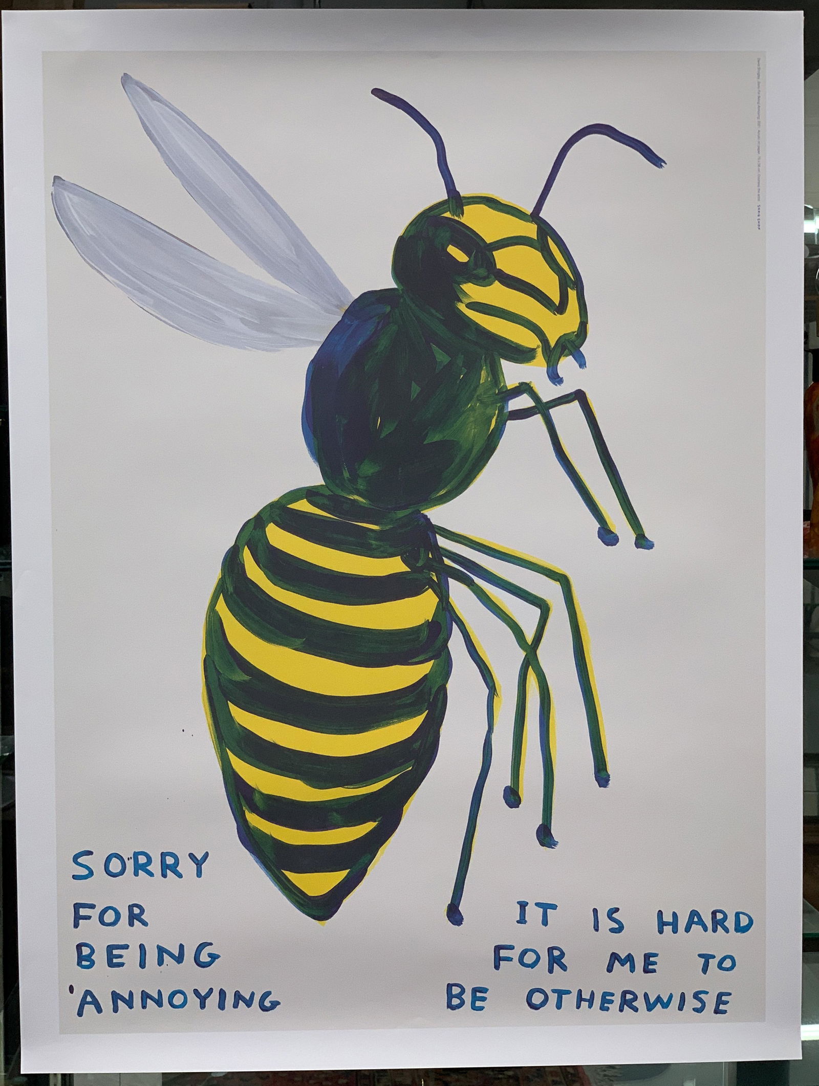 David Shrigley "Sorry for Being Annoying": Dated 2021, "Sorry for being annoying -it is hard for me to be otherwise". Offset lithograph, courtesy of the artist's Shrigshop. Unused condition. 29.5" x 22".