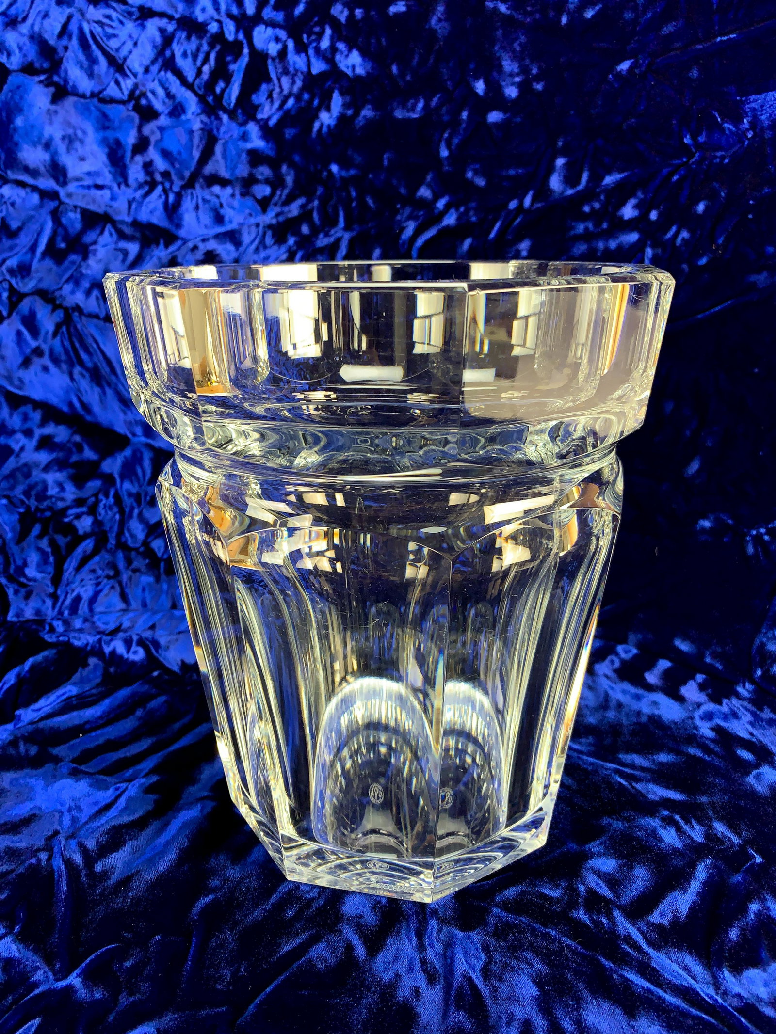 Baccarat "Harcourt" Octagonal Flower Vase: Measures 9" high by 8" wide and weighs 13lbs. This is an estate piece and shows wear on the bottom from use over the year. But overall in very good condition with no flaws noted. Retired at $3,200.