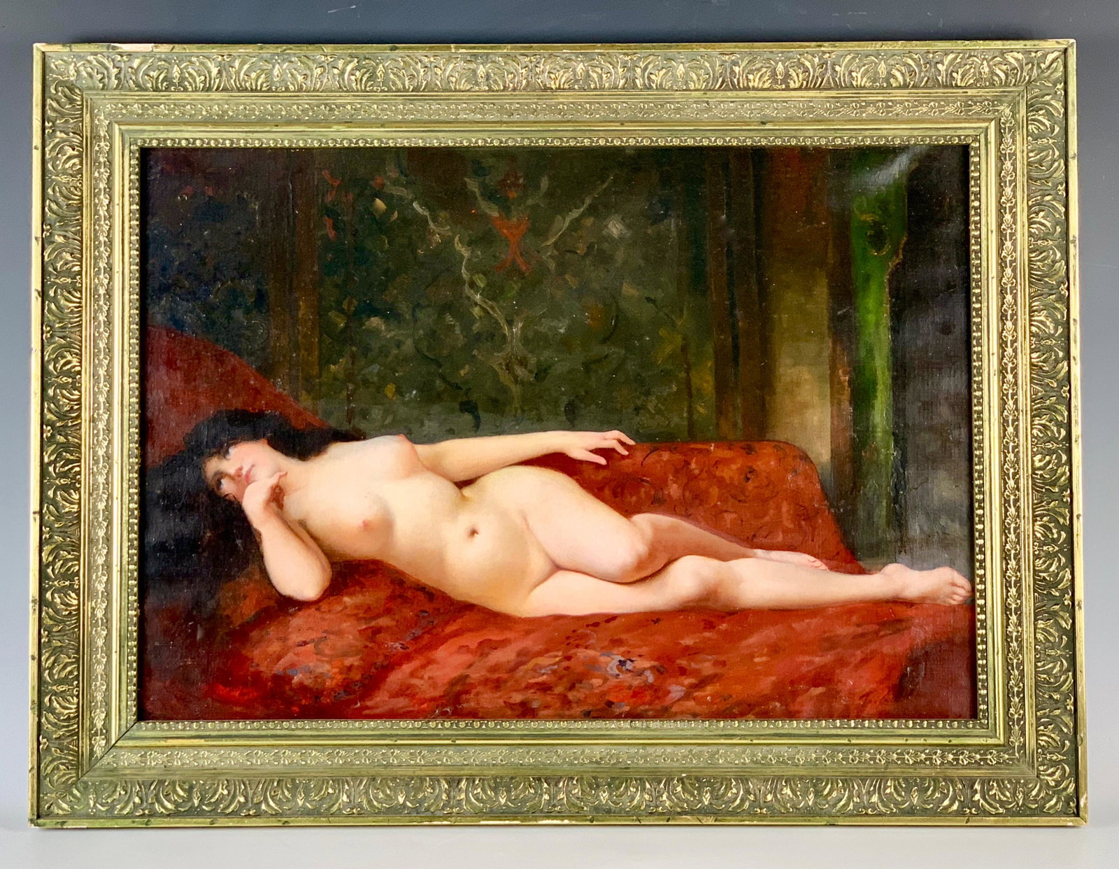 19th Century Orientalist Sgd. Nude Oil Painting: Reclining nude oil on canvas of a beauty from the late 19th century, mounted in an ornate gilt frame, signed on lower right with indecipherable signature, good condition, small 1" repair, 21.75" x 15"