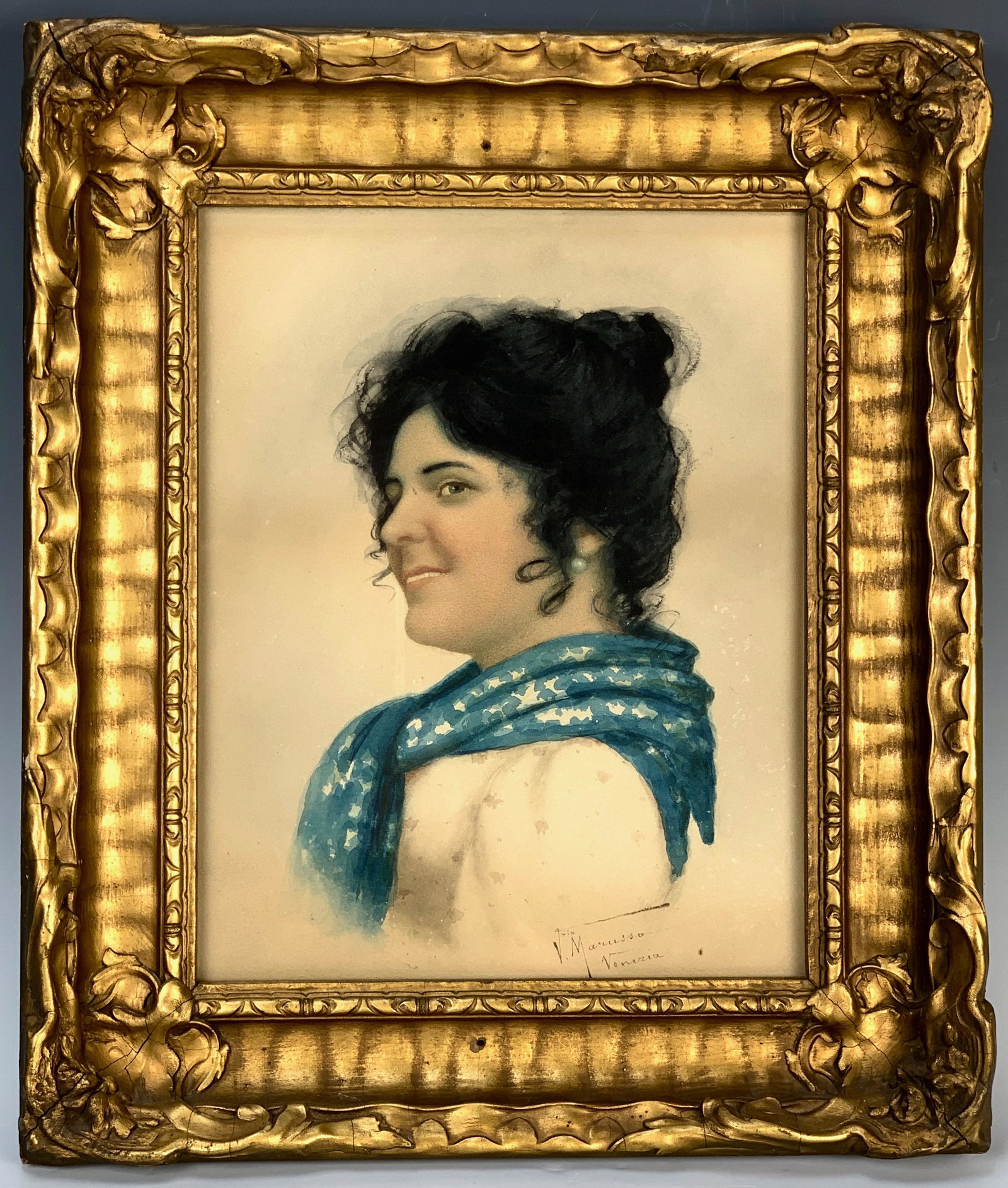 Vittorio Marusso Watercolor Portrait (c. 1867?): Watercolor portrait of a beauty signed V. (Vittorio) Marusso, Venezia lower right. On paper, mounted in original gilt frame. 10" t x 8" w. With frame, 13" x 11". Very good condition.
