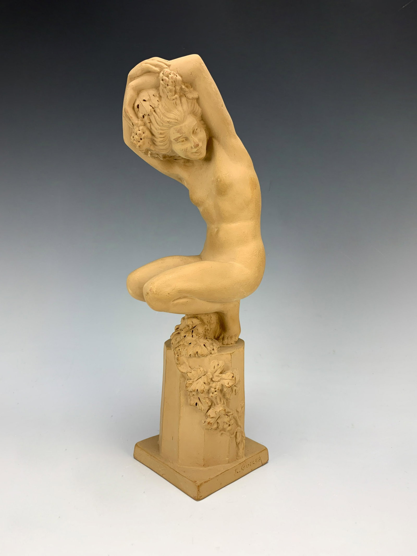 Art Nouveau Terracotta Nude Figurine: Art Nouveau Terracotta Nude Figurine. Signed Guerbe. Size: 12" tall. Condition: Good, small nick on base corner.