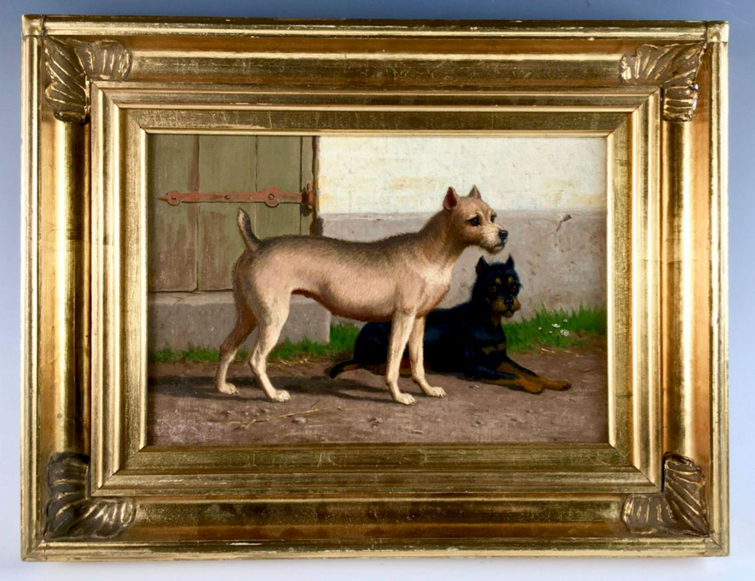 Two Terriers in Yard Sgd. Carl H. Bogh 1883: Carl Henrik Bogh (1827-1893 Denmark) was born in Denmark in 1827, he was known for his animal paintings, oil on canvas, signed in mid right "Cal H. Bogh 1883", mounted in a gilt wood frame, very good