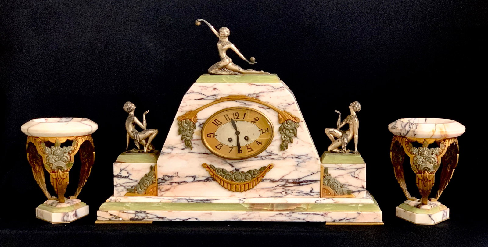 Art Deco Marble Gilded & Silvered Bronze Clock (1 of 6)