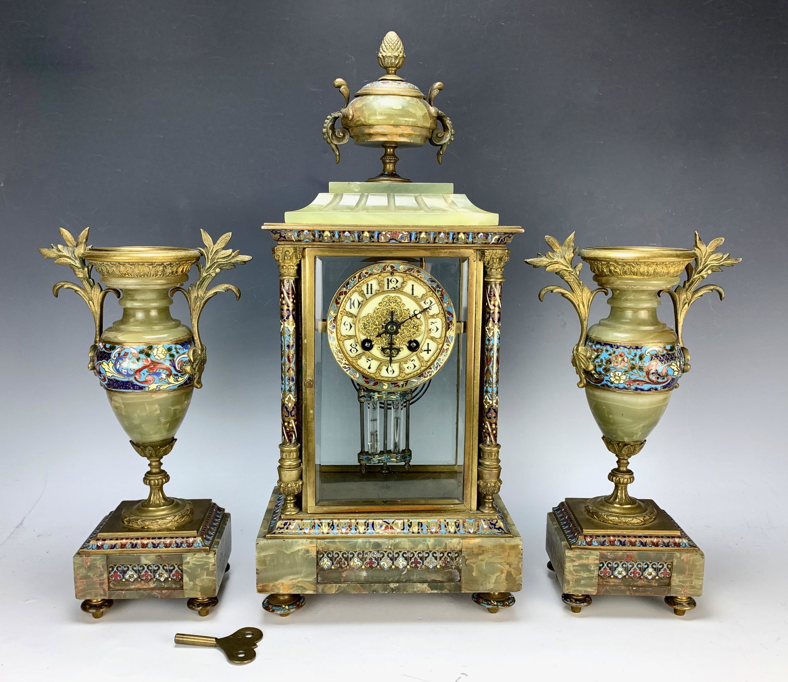 Bronze Onyx & Champleve Enamel 3 Pc Clockset (1 of 3)