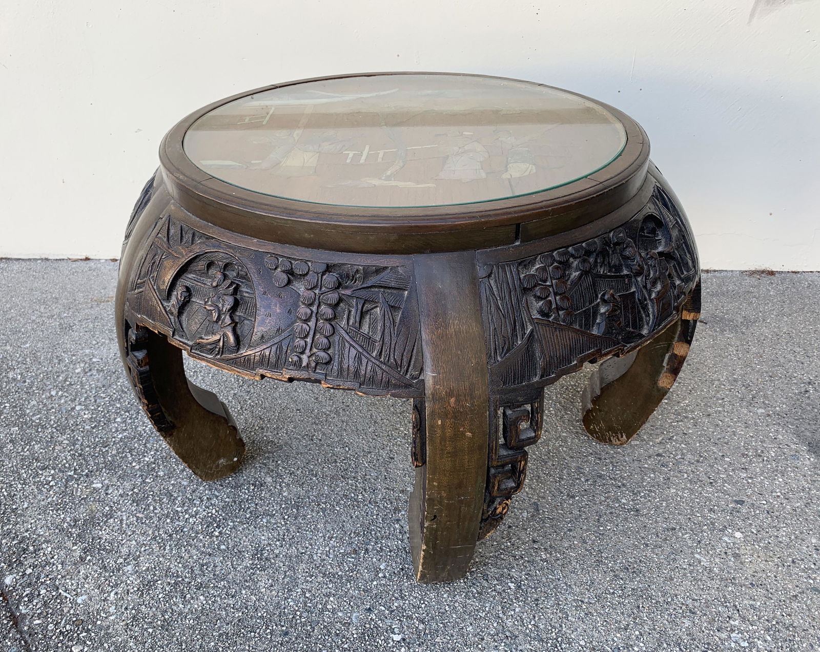 Small Round Asian Table with Alabaster Carvings (1 of 6)