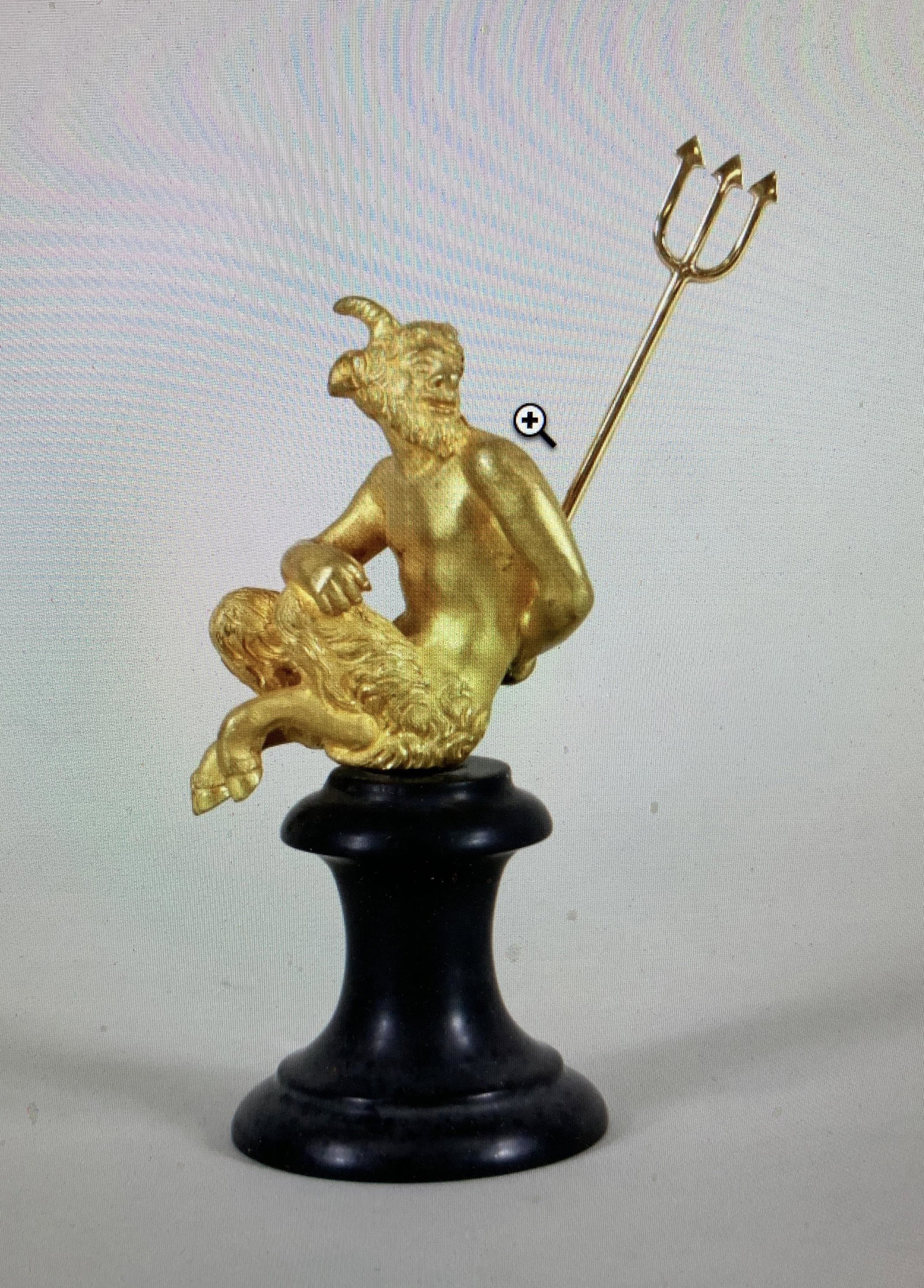 Bronze Sculpture Devil with a Pitchfork: Circa 1890, antique gilt bronze figure of a seated devil with a pitchfork, mounted on a turned black marble pedestal, not signed, good condition, 5" tall. Preview video here: https://youtu.be/FY438sEr