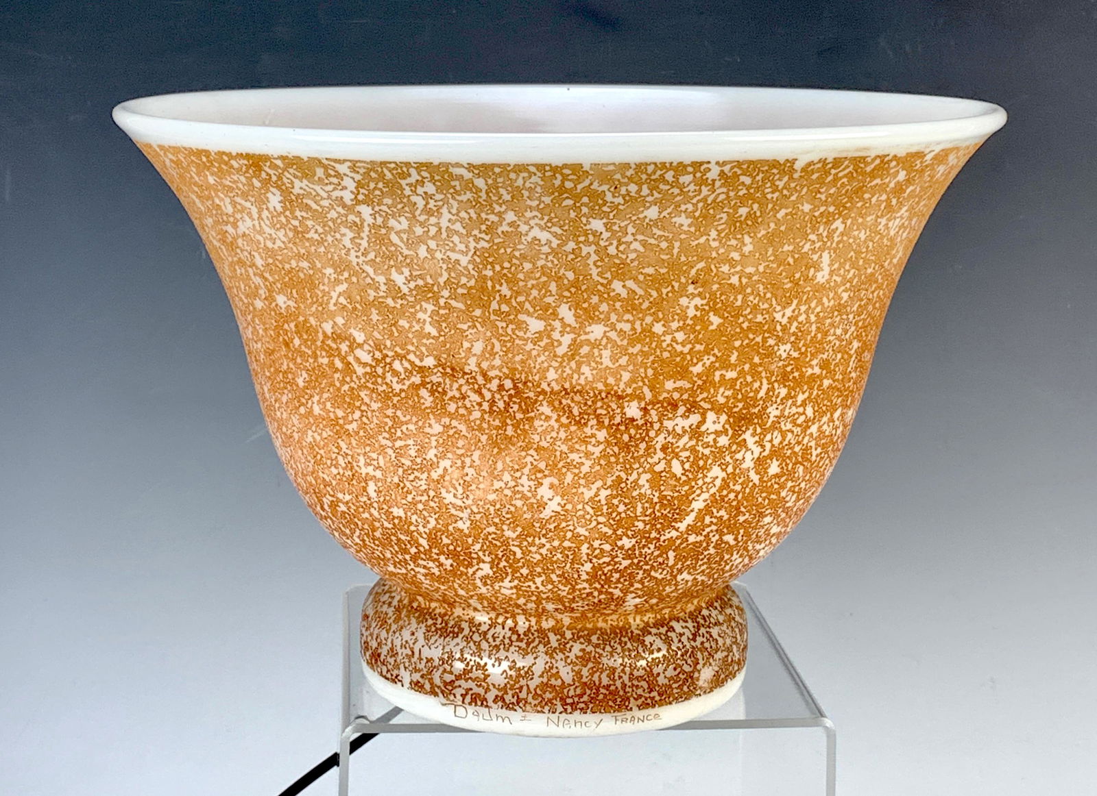 Daum Nancy Sgd Acid Etched Bowl Lamp: Circa 1920, orange acid etched body over a white glass body, interior with light frame, signed "Daum Nancy", very good condition, 7.5" x 11" *Electrical warning: wiring should beinspected before use.H