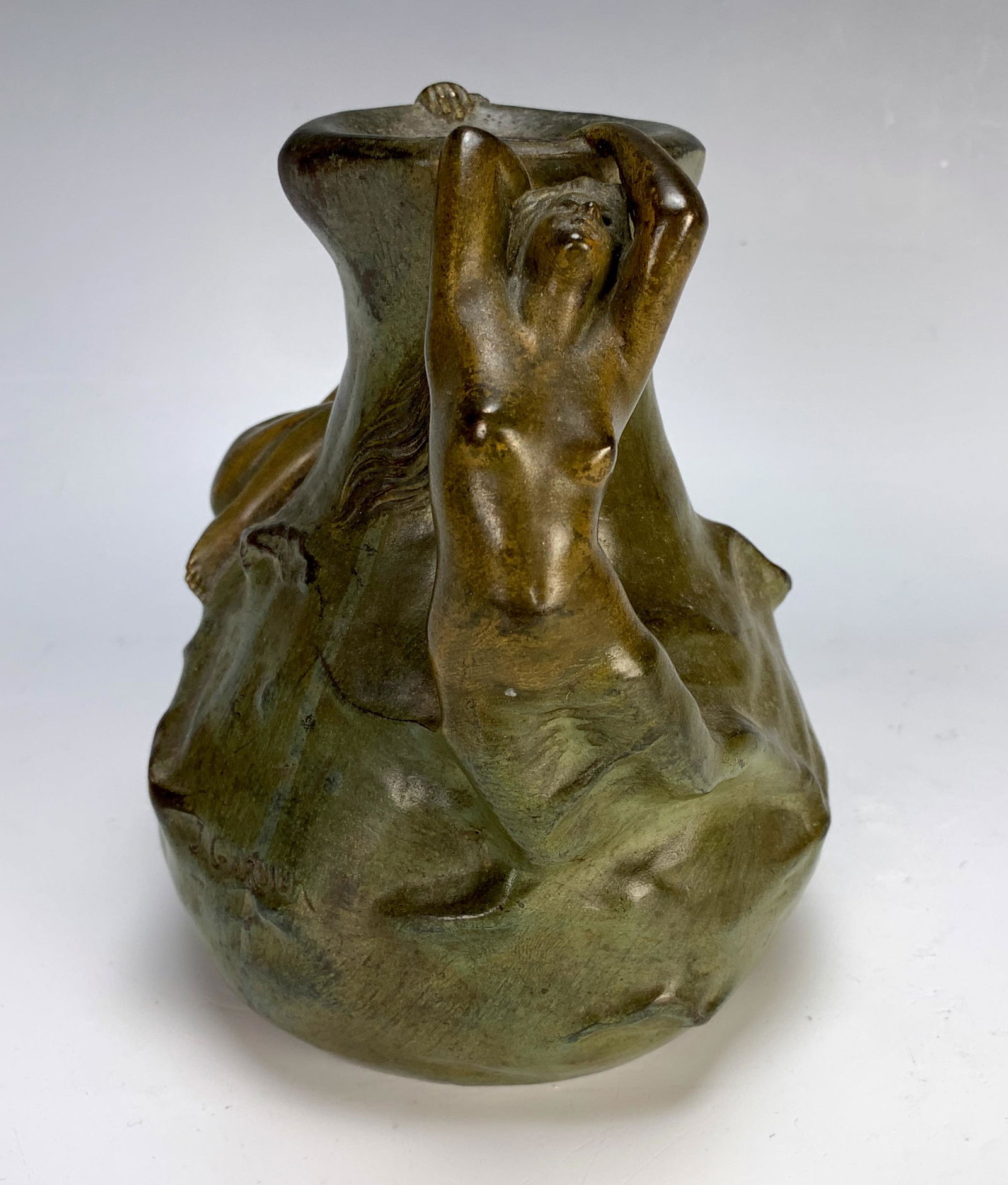 Antique J. Garnier Figural Bronze Vase w Nudes: Jean Garnier (1853-1910) a wonderful art nouveau two tone bronze vase with nudes having flowing hair at rim, signed "J.Garnier" and foundry mark for Petizon on bottom, very good condition, 6.5" x 5.5"