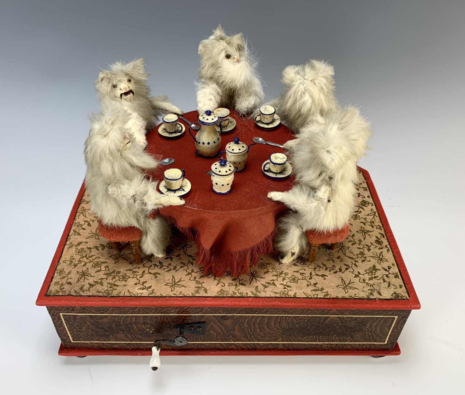Rare Antique "Cats Tea Party" Automaton Music Box: Late 19th C, a great and rare mechanical automaton and music box with 5 white cats having a tea party, when wound music plays and the cats move side to side (individual positions) and their mouths ope