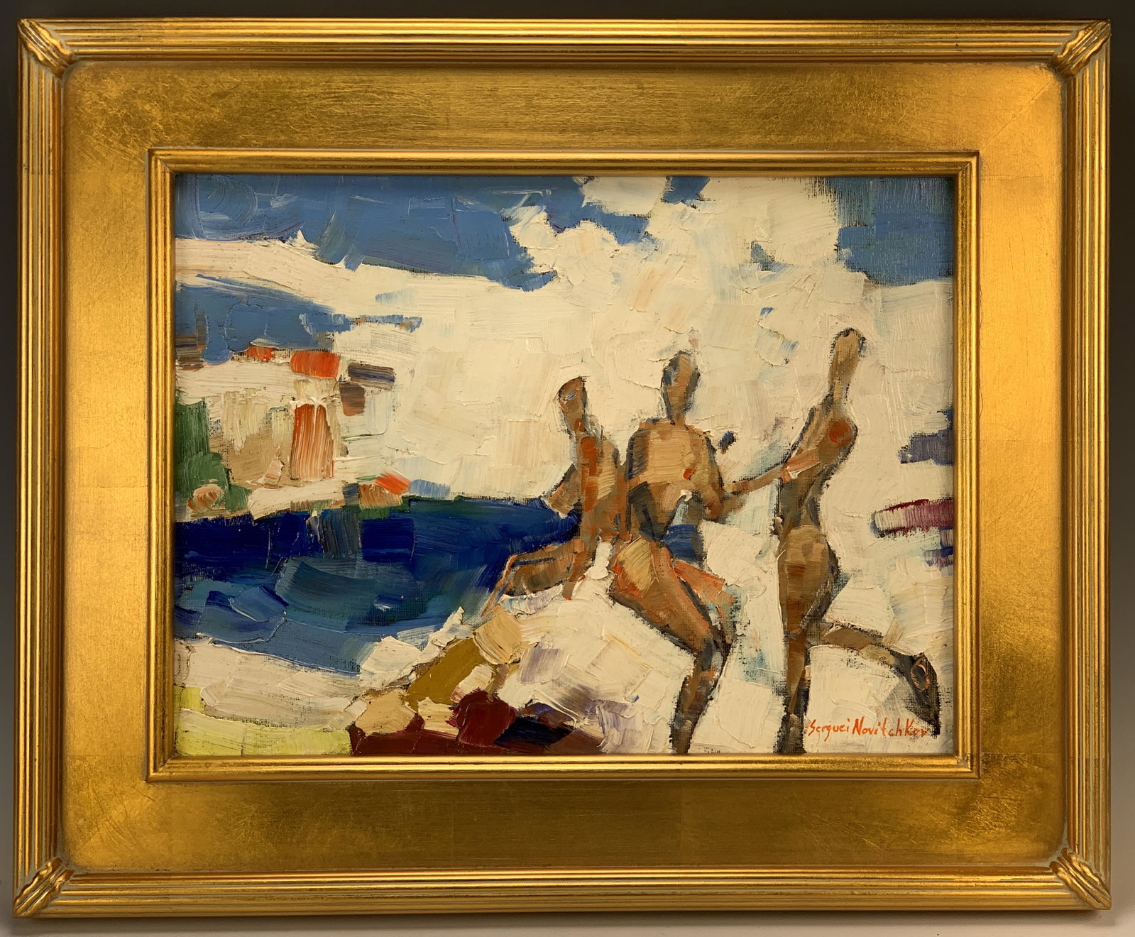 Serguie Novitchkov Impressionist Oil Painting: Original oil on board titled by the artist "Sea Grace" by up and coming Russian trained artist who studied at the Art Institute of Moscow. very good condition, sight 12" x 16", framed 15" x 19". Have 