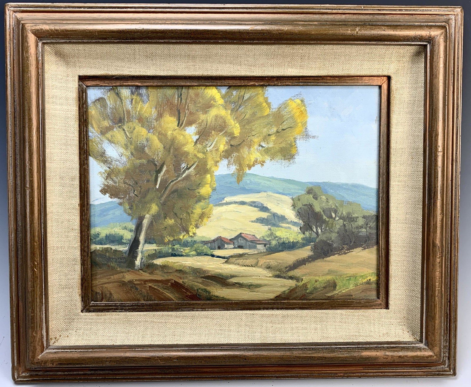 Amy L Walton (1899-1999) "The Hill Farm": Amy L Walton (1899-1999) "The Hill Farm", California oil on canvas. C.1971. Signed verso. Size: 9" h x 12" w, with original frame is 15" h x 18" wide. Have a similar item to sell? Email us at info@tre