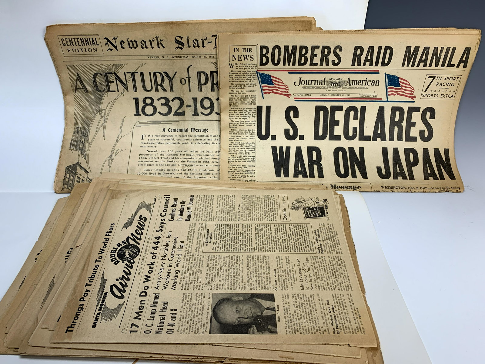 Various Newspapers, Mostly War 1930s to 1940s: Ephemera lot consisting of 13 items: 11 vintage Douglas Aircaft Airview newspapers (various dates, all 1940s), a Neward Star-Eagle "Century of Progress" Newark, New Jersey Special Supplement Newspaper