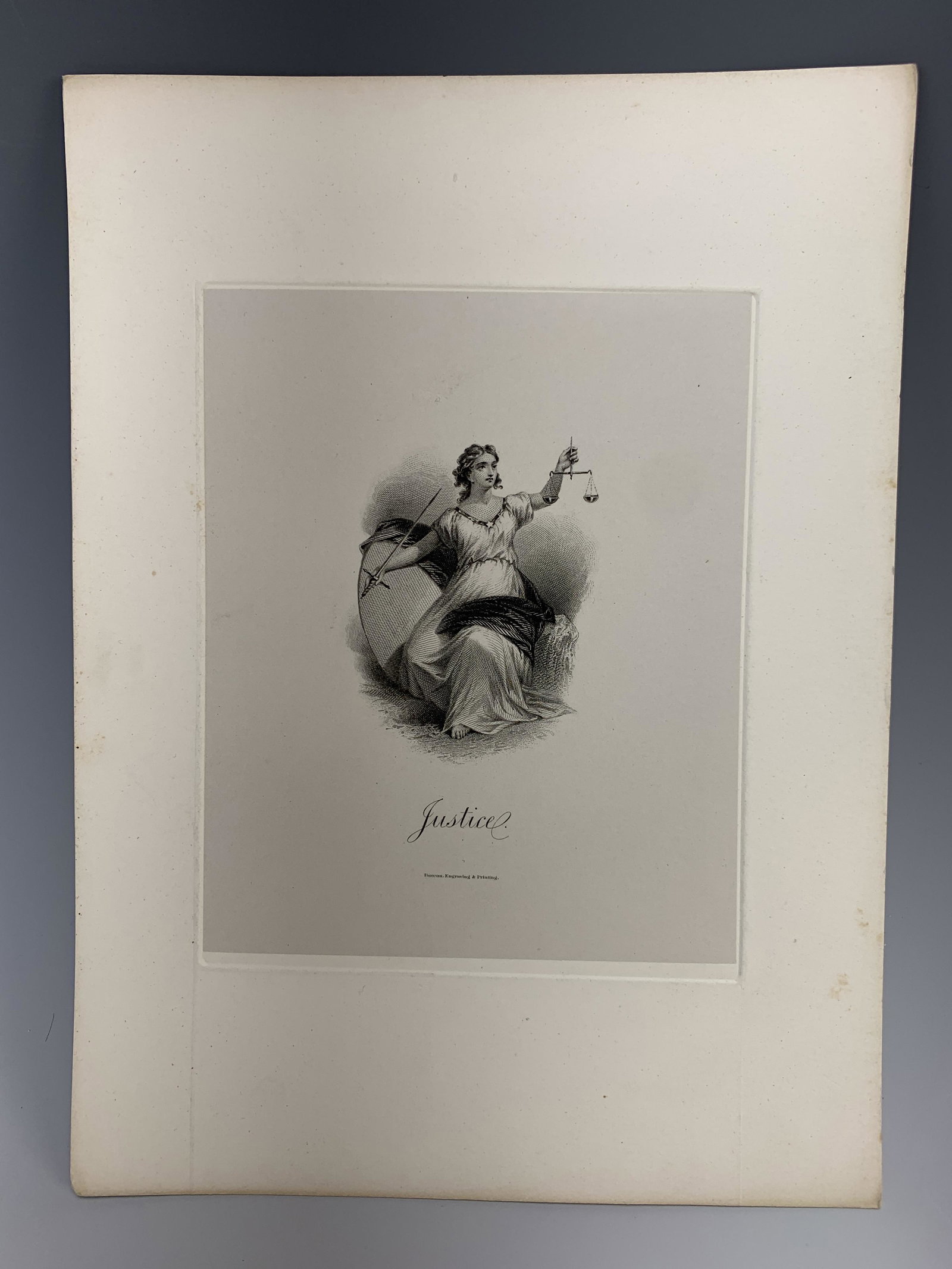 Currency Related Engraving Proof "Justice": Used on $1,000 bill for one year, 1863, Steel engraving proof printed on proof paper and mounted on wove paper, 8" x 6", with plate 4-7/8" x 3-7/8", very good condition. Have a similar item to sell? E