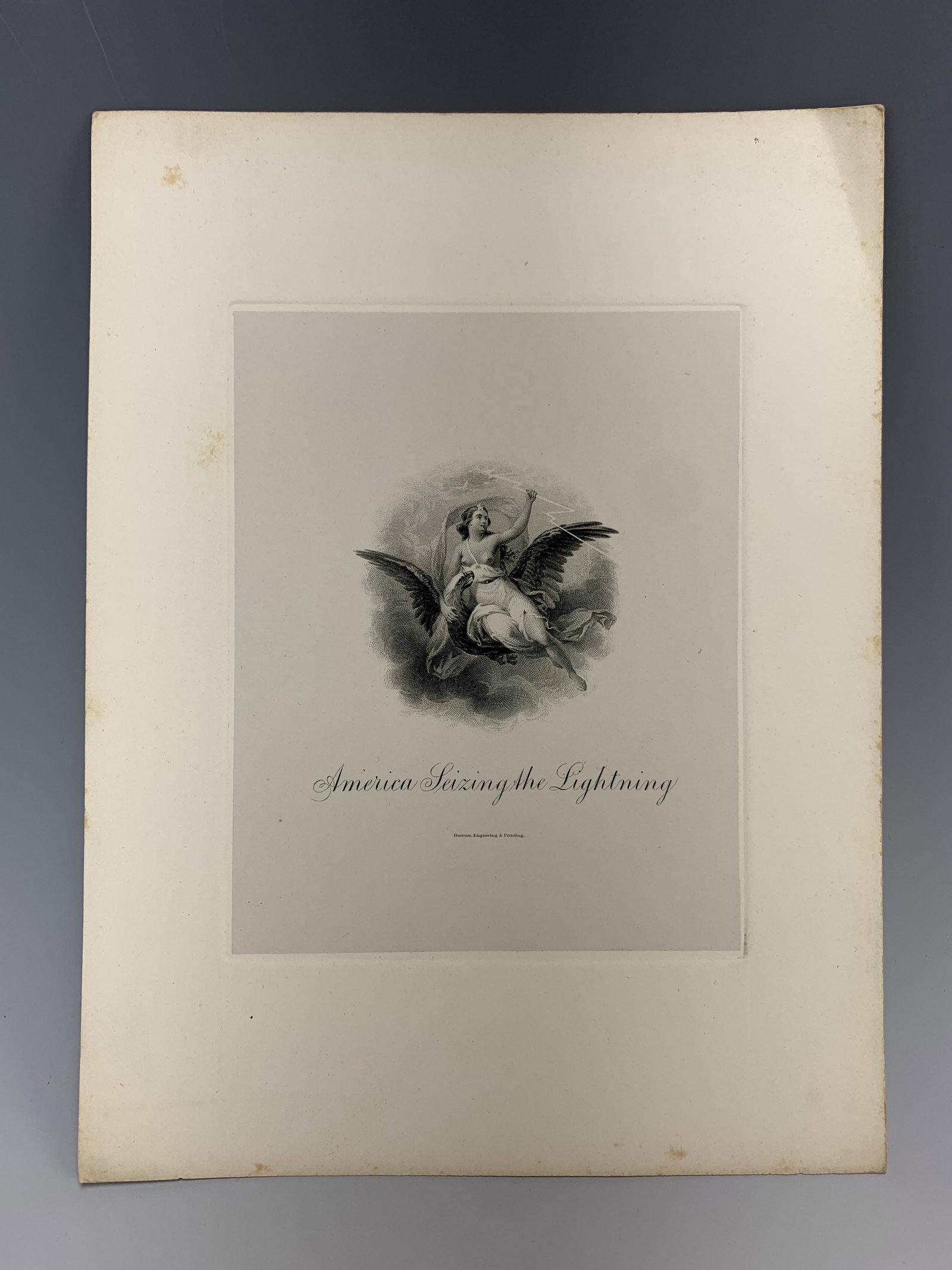 Currency Related Steel Engraving Proof: "America Siezing the Lightning" by the Bureau of Engraving and Printing, image used in Friedberg Design, #102, #109, #114 and #119, 6" x 8", with plate measuring 5" x 4", good condition. Have a simila