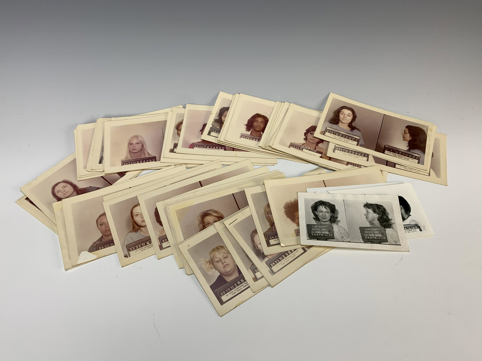 Large Group 1970's Vegas Police Mugshots: Over 50 real police photographic mugshots, mostly from Las Vegas in the 1970's, 6" x 3.5", good condition. Have a similar item to sell? Email us at info@treasureseekerauction.com