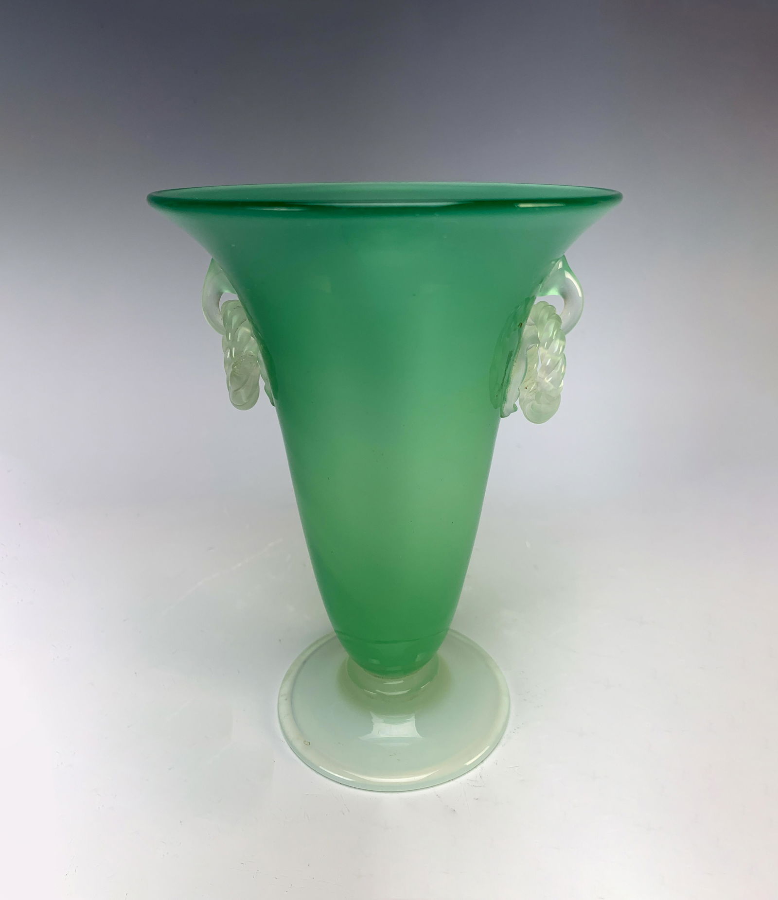 Steuben Jade Vase with Ring Handles: Steuben translucent jade green vase with translucent alabaster foot and alabaster twisted ring handles, very good condition, 6" tall.