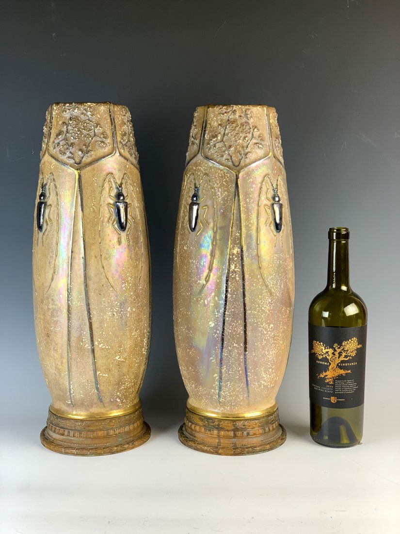 Rare Pair Amphora "Long Horned Beetles" Vases: Pair of amphora "Long Horned Beetles" vases, made of earthenware and signed by Stellmacher. The vases feature an impressive design of long horned beetles and come with their original gilt bronze bases