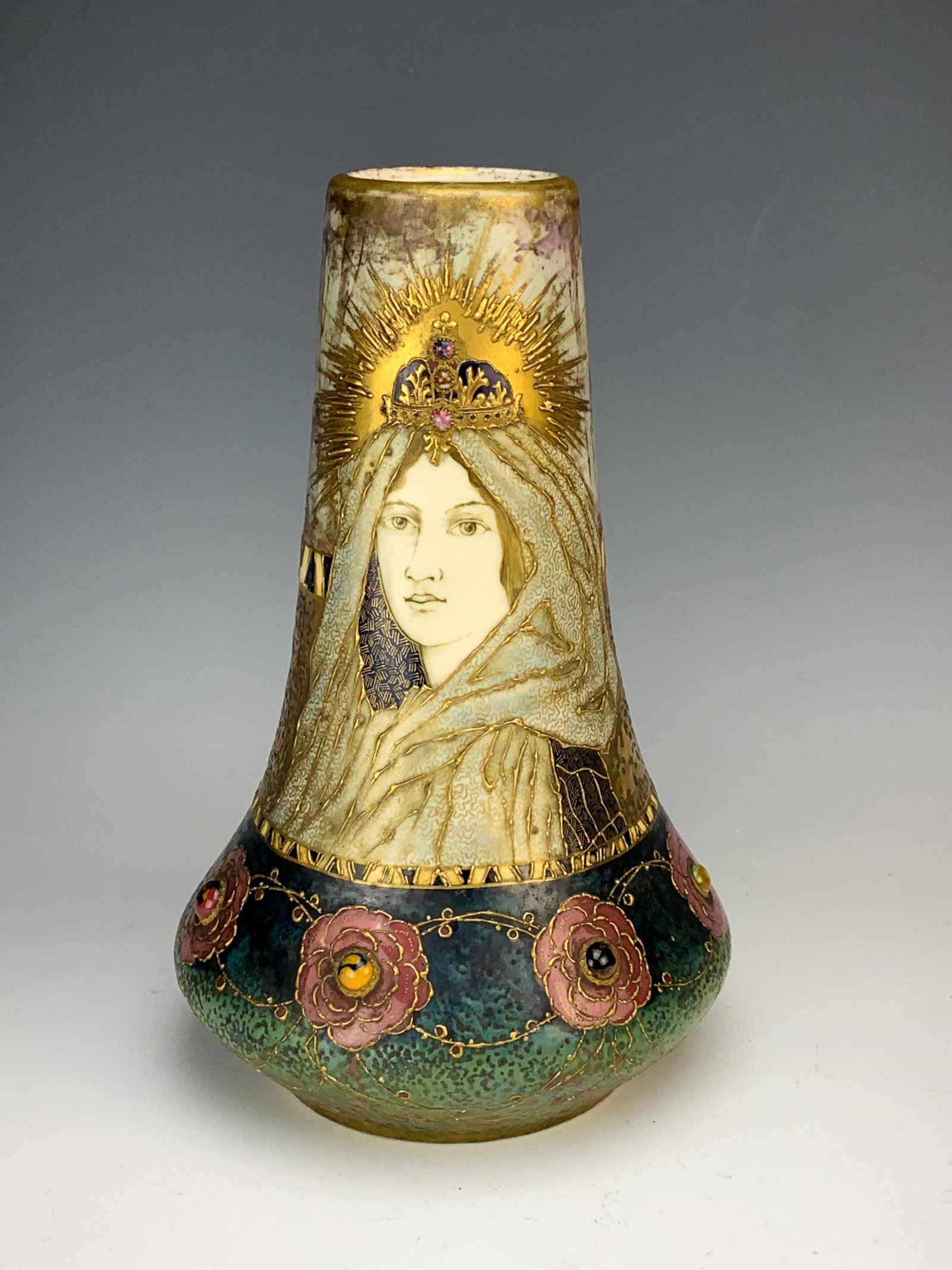 Rare Amphora Veiled Lady Portrait Vase.: A rare and beautiful amphora vase, RSTK mark, amphora impressed within a oval, # 2040. Other examples of these are found on page 53 in "Monsters and maiden's by vreeland". Size: 10.5" tall. Condition: