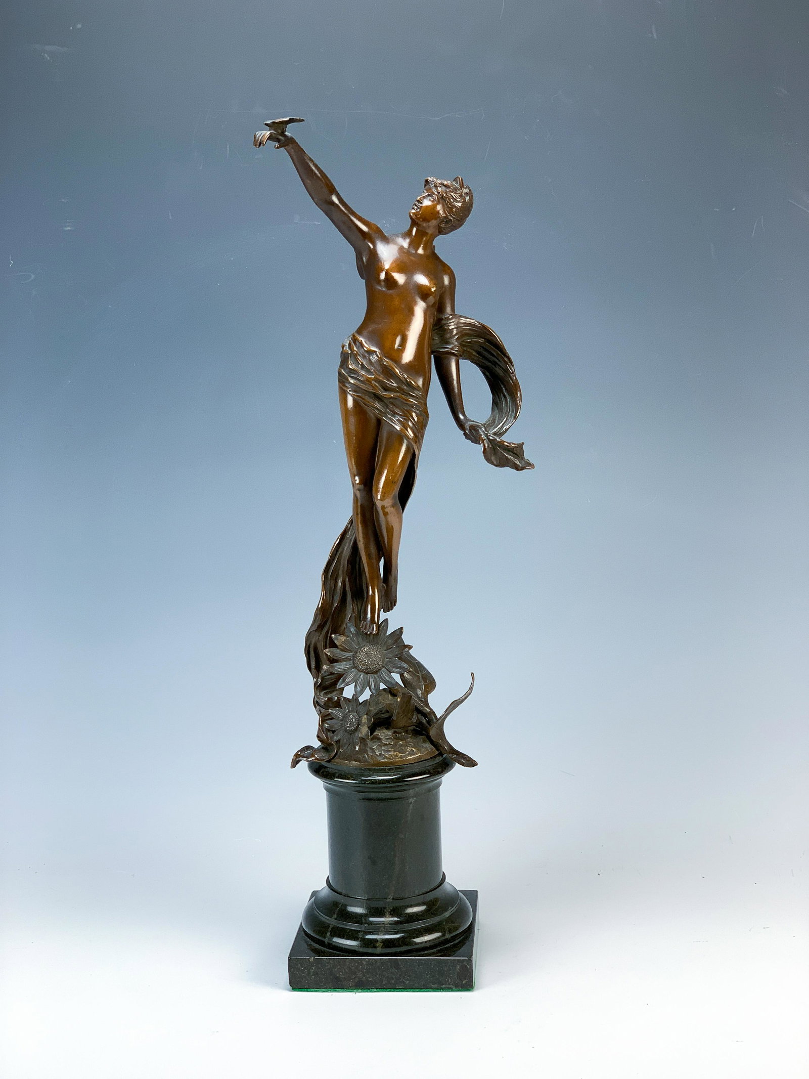Franz Rosse (German, 1858-1900) Bronze Fairy: Late 19th C. Patinated bronze sculpture of a fairy. Mounted on cylindrical marble base and dated 93 (1893). Size: 18.50"tall w/base. Condition: Very good! Nice patina