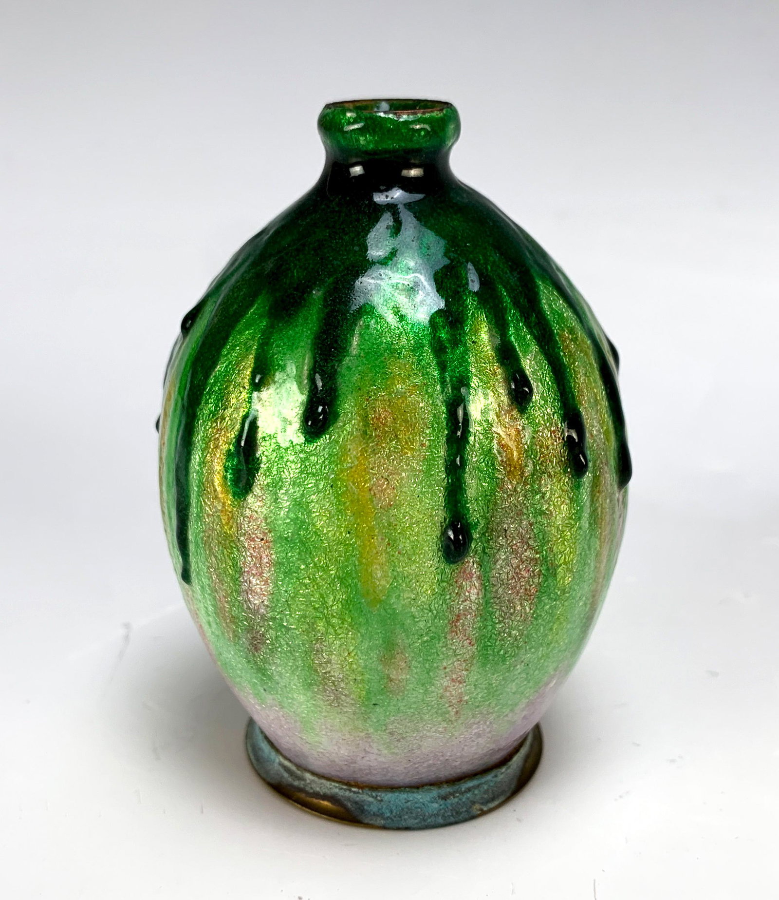 Signed Faure Limoges Enamel "Drip" Vase: A small but beautiful enamel over copper vase. Signed Faure Limoges. Having a green graduating to white enamel with dark green dripping all around the body. 3.5" tall. Condition: good, slight corrosio