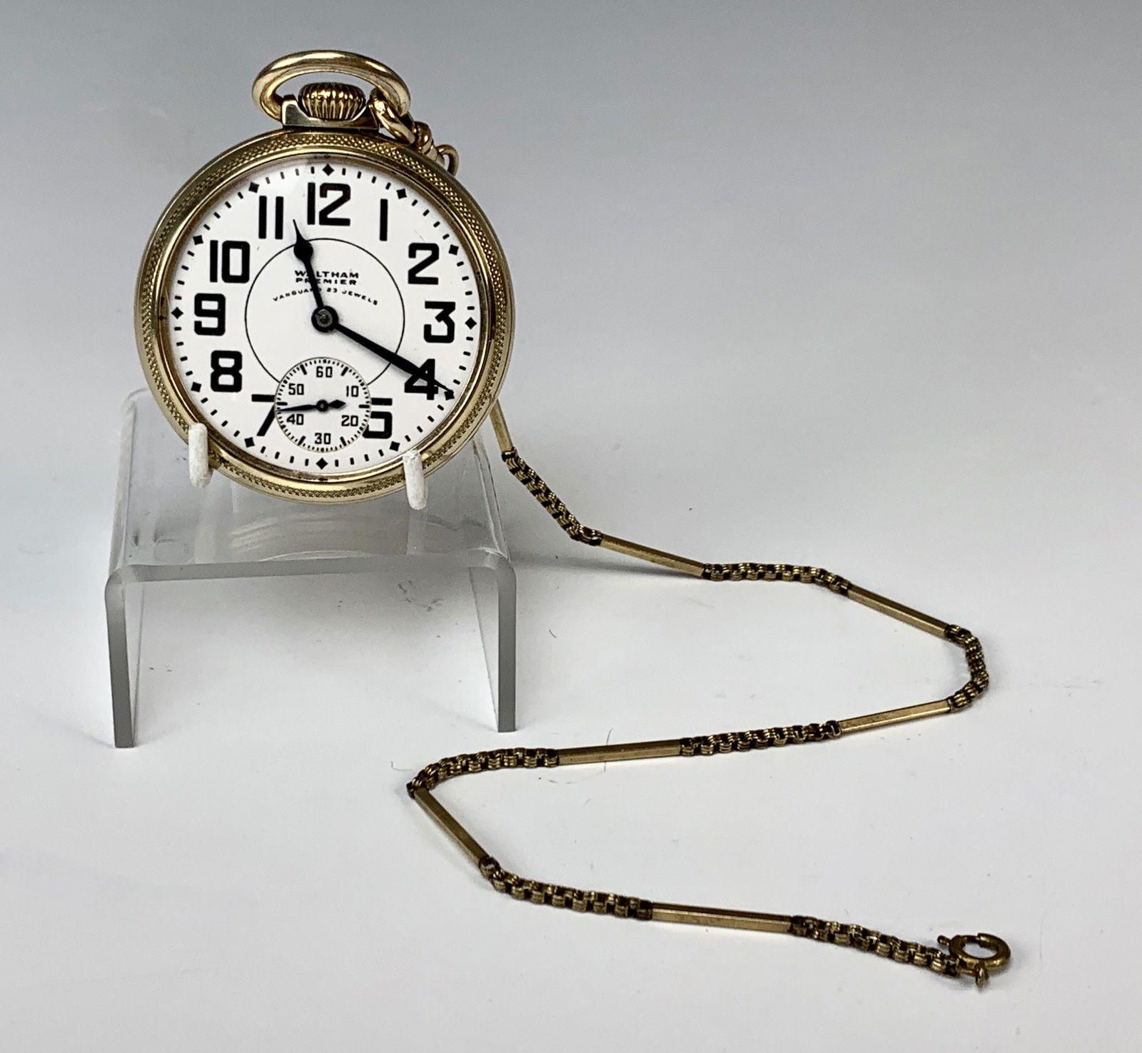 Waltham Premier Vanguard 23 Jewel Pocket Watch: Early 20th century, nice Waltham open face pocket watch, 10K gold filled case, 23 jewels, has second hand on dial, comes with original gold filled chain, case 50mm, dial 41mm, good condition, running