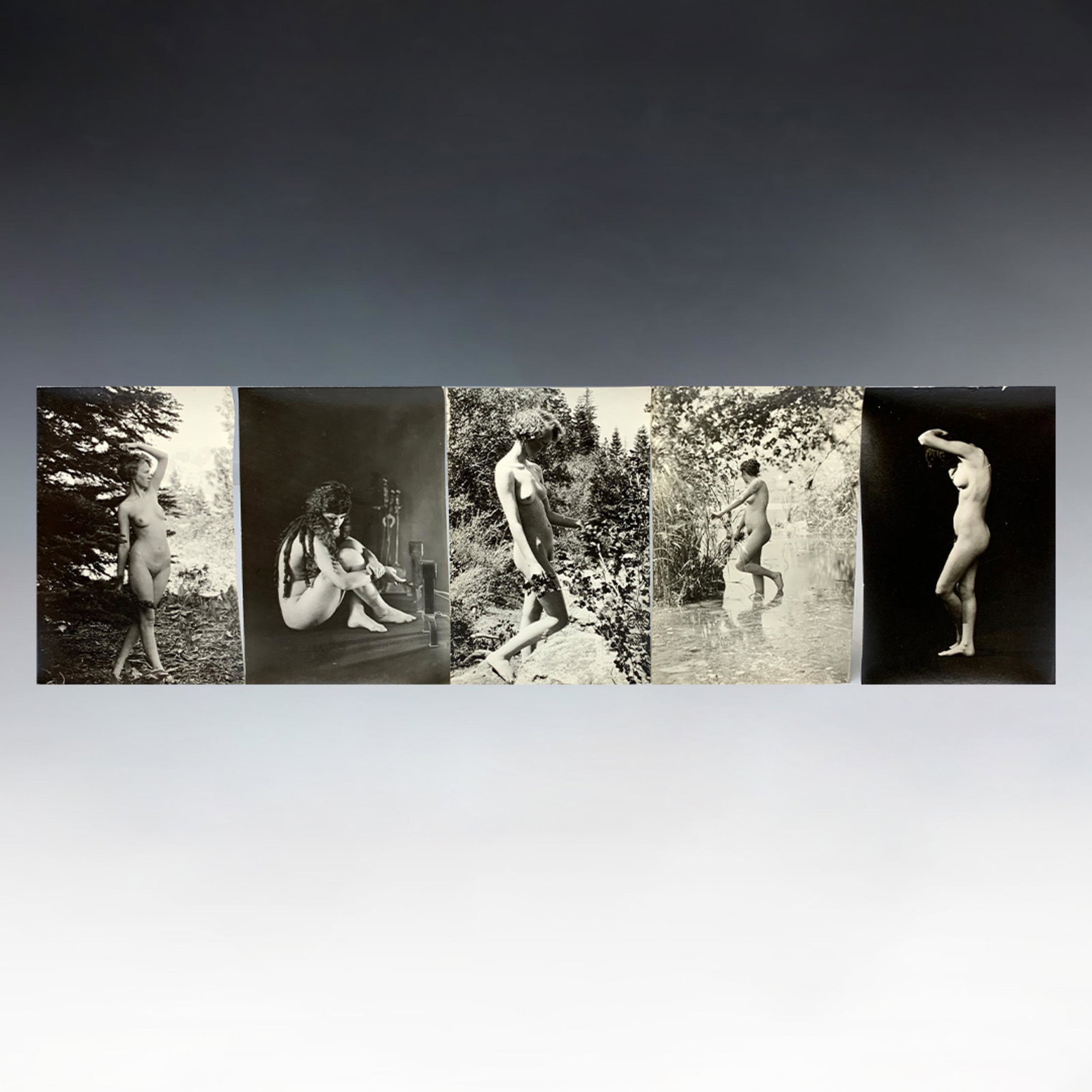 Five Silver Gelatin Nude Photos by Albert A. Allen: Circa 1920's. Student reference works by Albert Arthur Allen (1886-1962). All signed with his name on the back. Vintage original set of 5 silver gelatin black and white photos of a nude female figure 