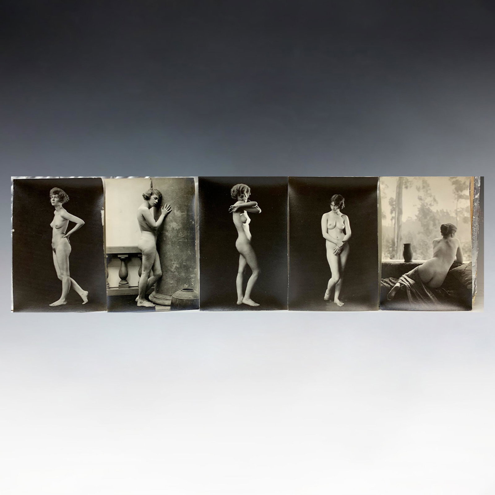 Five Silver Gelatin Nude Photos by Albert A. Allen: Circa 1920's. Student reference works by Albert Arthur Allen (1886-1962). All signed with his name on the back. Vintage original set of 5 silver gelatin black and white photos of a nude female figure 