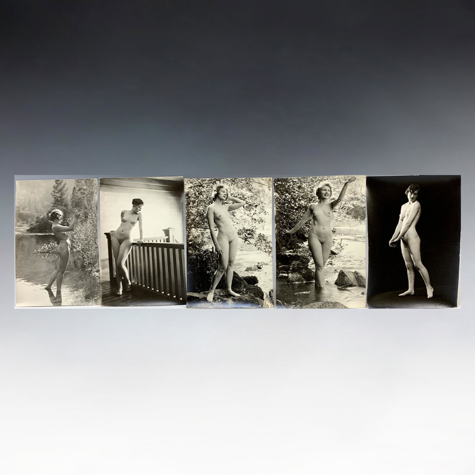 Five Silver Gelatin Nude Photos by Albert A. Allen: Circa 1920's. Student reference works by Albert Arthur Allen (1886-1962). All signed with his name on the back. Vintage original set of 5 silver gelatin black and white photos of a nude female figure 