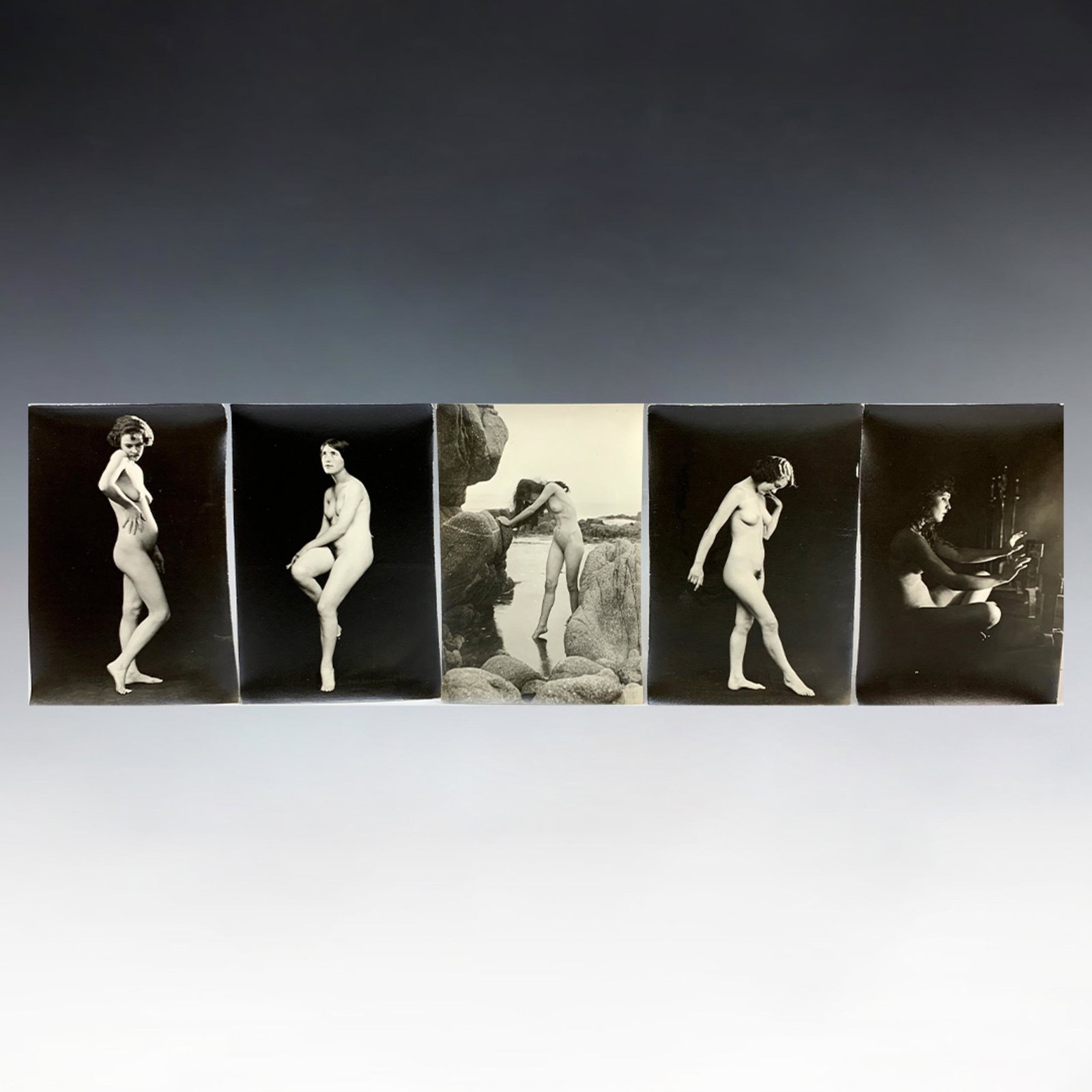 Five Silver Gelatin Nude Photos by Albert A. Allen: Circa 1920's. Student reference works by Albert Arthur Allen (1886-1962). All signed with his name on the back. Vintage original set of 5 silver gelatin black and white photos of a nude female figure 